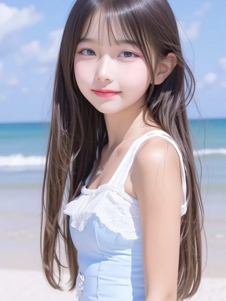 masterpiece,best quality,8k,realistic,solo,portrait,At the seaside,Happy,white hair,1 young girl,wear a hat,