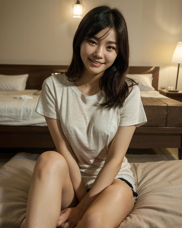 The face of a young, beautiful Japanese woman with a ponytail, lying on a sofa wearing a plain navy blue T-shirt and blue and white striped panties, looking at me with her legs apart and a defiant smile on her face. Focal length 100mmf/2.8, spring morning, cloudy, living room on the upper floor of a high-rise apartment, well-shaped face, open mouth, toned body, plain navy blue T-shirt, blue and white striped panties, close-up of eyes, Realism, 8K image quality, and highest quality.