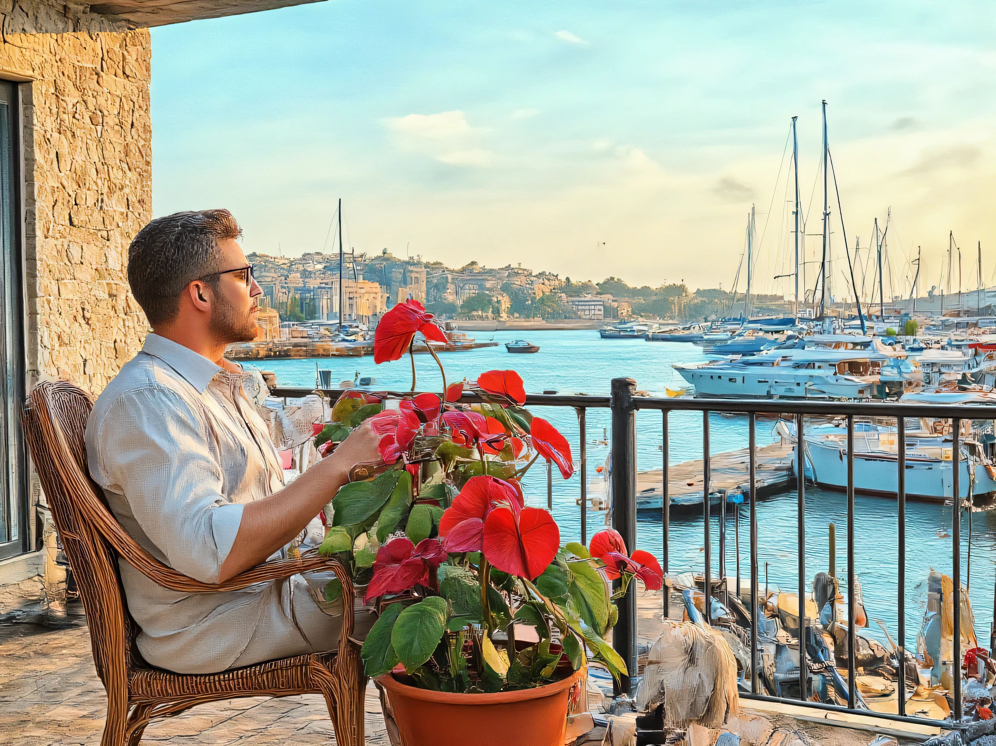 A detailed marker line art illustration depicts a contemplative "ohwx man" seated comfortably in a weathered rattan chair on a balcony overlooking the Herzliya marina in Israel. He gently embraces a vibrant pot of Anthurium 'Amalia Elegance', its glossy, heart-shaped leaves and striking red spathes creating a striking contrast against his worn linen shirt, while his gaze is fixed on the distant horizon where a lone sailboat glides across the turquoise water. Below, sleek yachts are anchored in the marina, and the background showcases a clear blue sky softly transitioning to a warm sunset glow, with the gentle shadows from the balcony railing enhancing the tranquil scene. Soft, diffused lighting highlights the delicate linework and adds depth to this peaceful moment