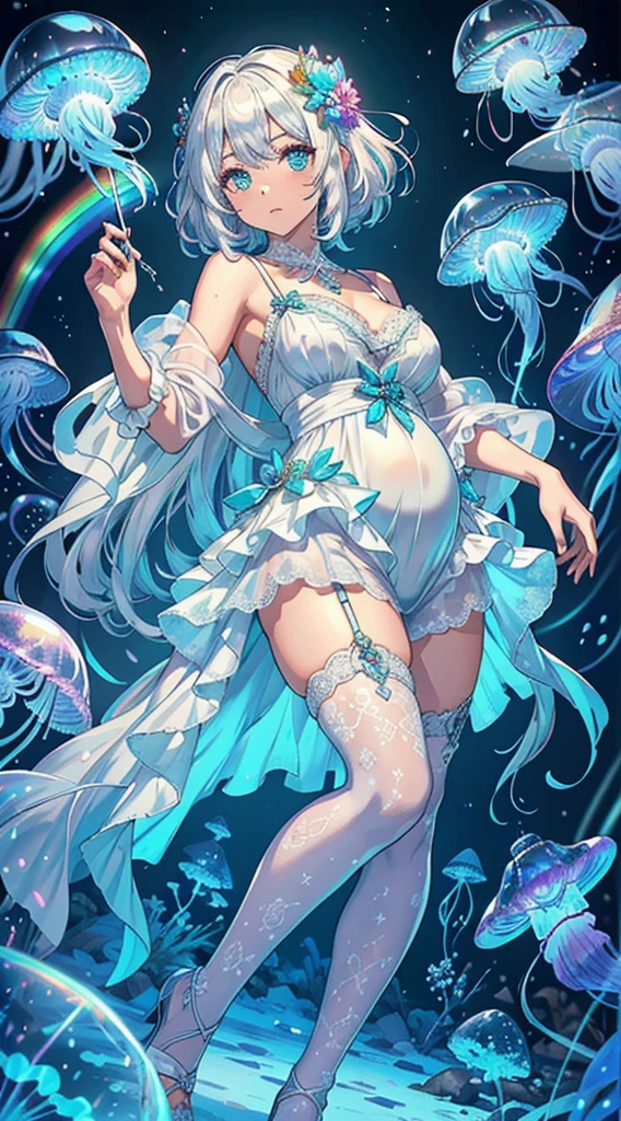 (Highest Resolution, clear_image), Highest quality, masterpiece, One Girl、pregnancy,Light blue hair、Blue and Green Odd-Eye、Single braid、Bound in chains、Constraint-shaped legs