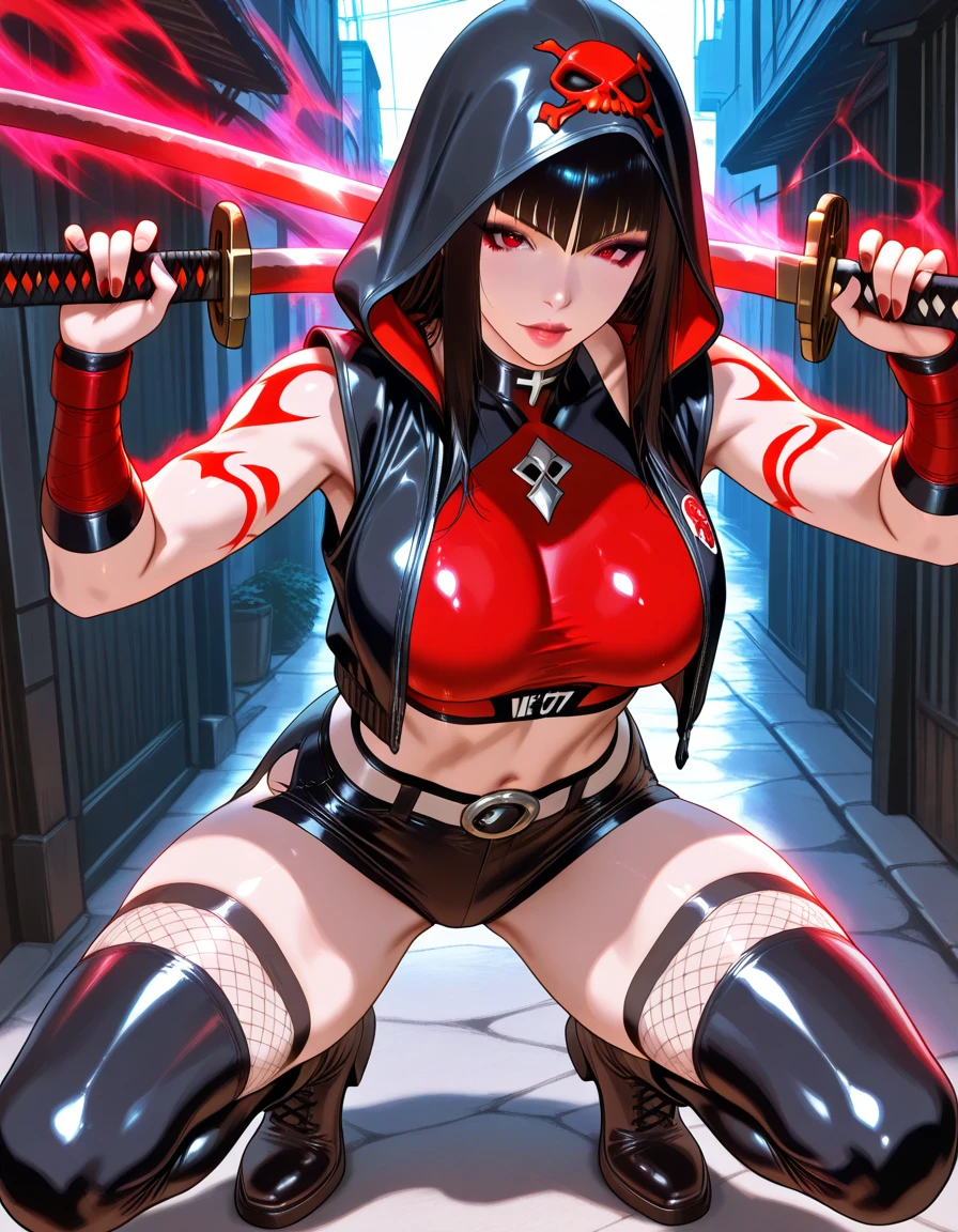 a woman kneeling down with a sword in her hand,very beautiful cyberpunk samurai,she is holding a katana sword,unsheathing her katana,she is holding a sword,ornate korean polearm behind her, realistic anime 3D style, cgsociety 9,2.5D cgi anime fantasy artwork, 3 d anime realistic.pose beautiful.redAssassin.Standing and sitting with his hands on his knees, Carry the sword on your shoulder.(Stand with your arms crossed over your chest, your back against the wall).hair white.
