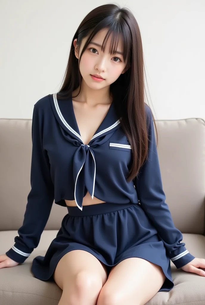absurdres, RAW photo, extremely delicate and beautiful, masterpiece, Best Quality, ultra high resolution, 32k, hyperrealistic, ultra-detailed, ((perfect anatomy)), super Detailed skin, perfect figure, Very detailed CG 8k wallpaper, in her 20s, very small head, very small face, delicate facial features, tearful mole, earring, very huge round breasts, full body shot, shorter middle hair, wavy hair, ((school uniform)), bedroom,