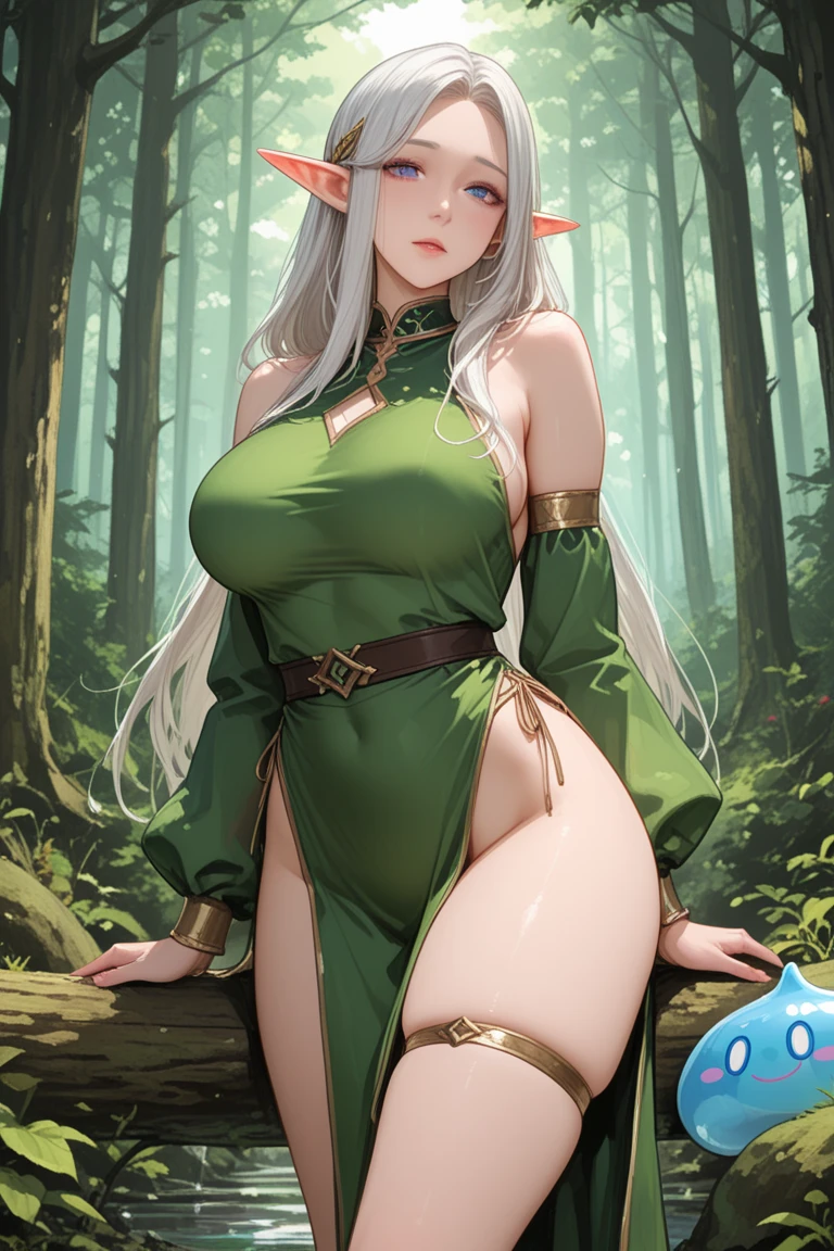 ((Best quality, 8K, masterpiece:1.4)), Anime elf woman, full body, very large breasts:1.5, wide hips, big butt:1.4, slender waist, detailed face, long pointed ears, long flowing silver hair, bright green eyes, wearing a flowing green dress, standing in a lush forest, trees and foliage highly detailed, detailed eyes, thin waist, highly detailed face and skin texture, looking straight at the viewer with a gentle smile, forest bathed in moonlight, magical atmosphere, realistic light and shadows, ethereal beauty, elegant posture