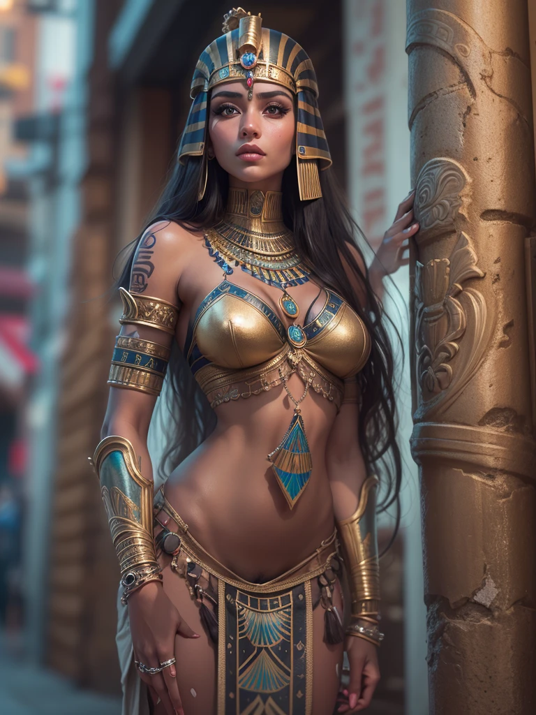 ((front view)), Taylor Swift as Cleopatra,((wearing an ancient egypt princess costume, big breasts:1.2)), ancient Egypt in background,(sunset setting:1.2), wet skin, wet blonde hair, photoreal render,high contrast image, rendering by octane,zbrush?character design,realisticlying,unreal-engine,ultra - detailed,concept-art,trends in art station? ((best quality)), ((masterpiece)), ((realistic)), (detailed), (brown eyes:1.2), highly detailed skin and hair, Fantasy art,stunning gradient colors,detailed back ground,extremely detaile, tmasterpiece),HDR, ally