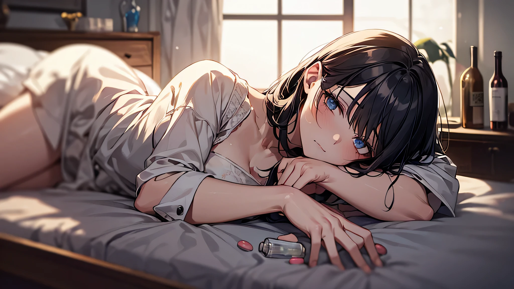 a close-up of a young woman lying in bed at night, lit by soft bluish moonlight through the window, viewed from slightly above, her eyes half open and unfocused, empty pill bottles and a wine glass on the bedside table, a surreal atmosphere of quiet despair and dreamy textures, soft-focus and glowing haze surrounding her, evoking insomnia and fragile beauty --ar 3:4 --v 5 --style raw
