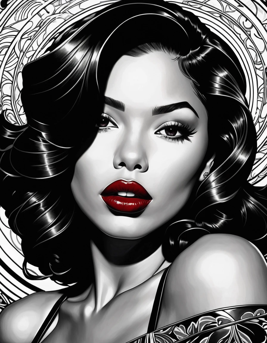 female, fantasy, beauty, in the style of noir comic art, realistic hyper-detailed portraits, black and white grayscale, chicano art, dark cherry red lipstick, realistic yet romantic, flowing lines --ar 23:36 --stylize 750
