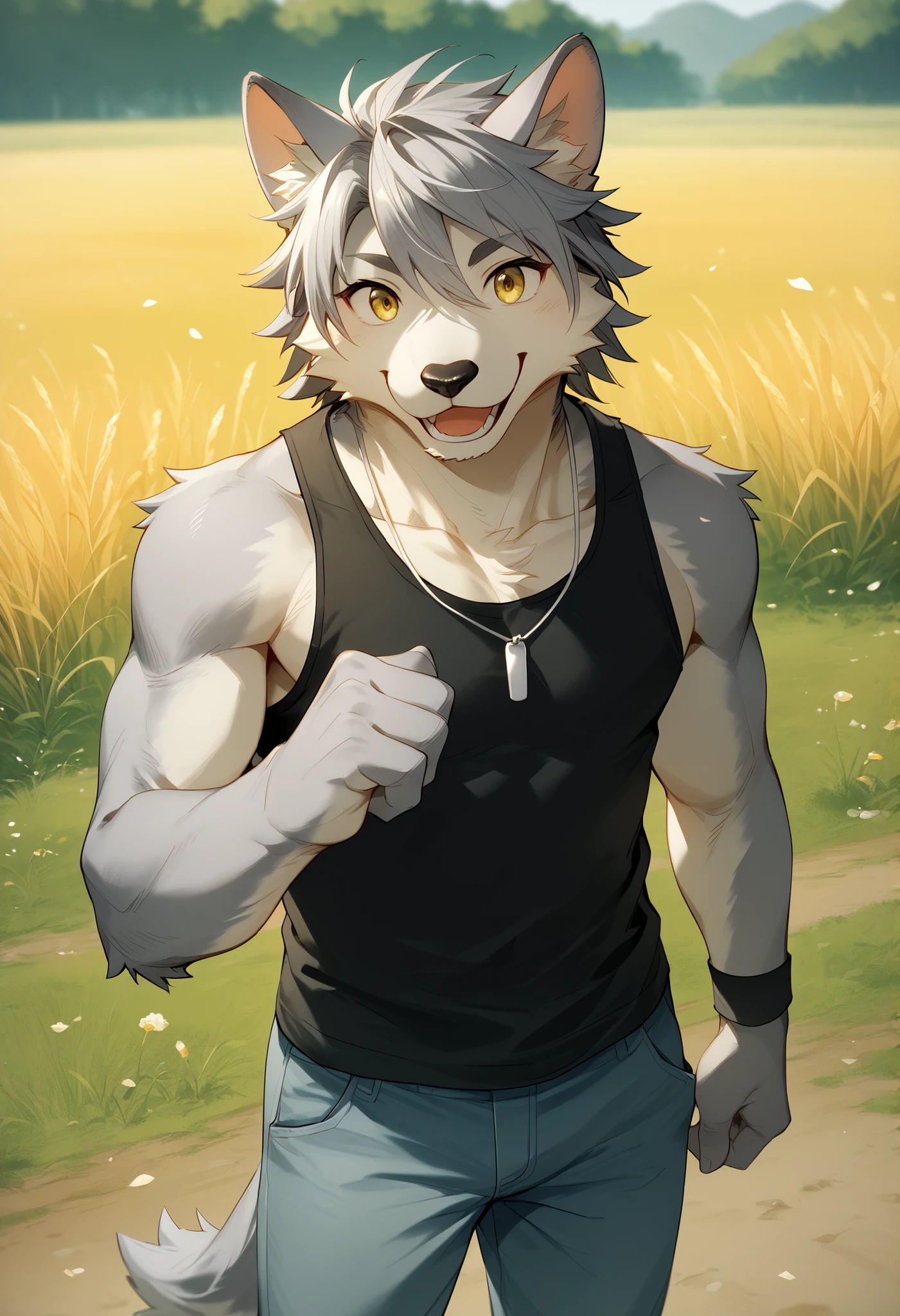score_9, score_8_up, score_7_up, High Quality, hires, 4K, solo, where does it come_Aotsuki , Orenatsu, fur directly in front of the chest, Yellow Eyes, tank top, black tank top, underpants, happy, Portrait, Gray fur full body image standing from the front, rice field road