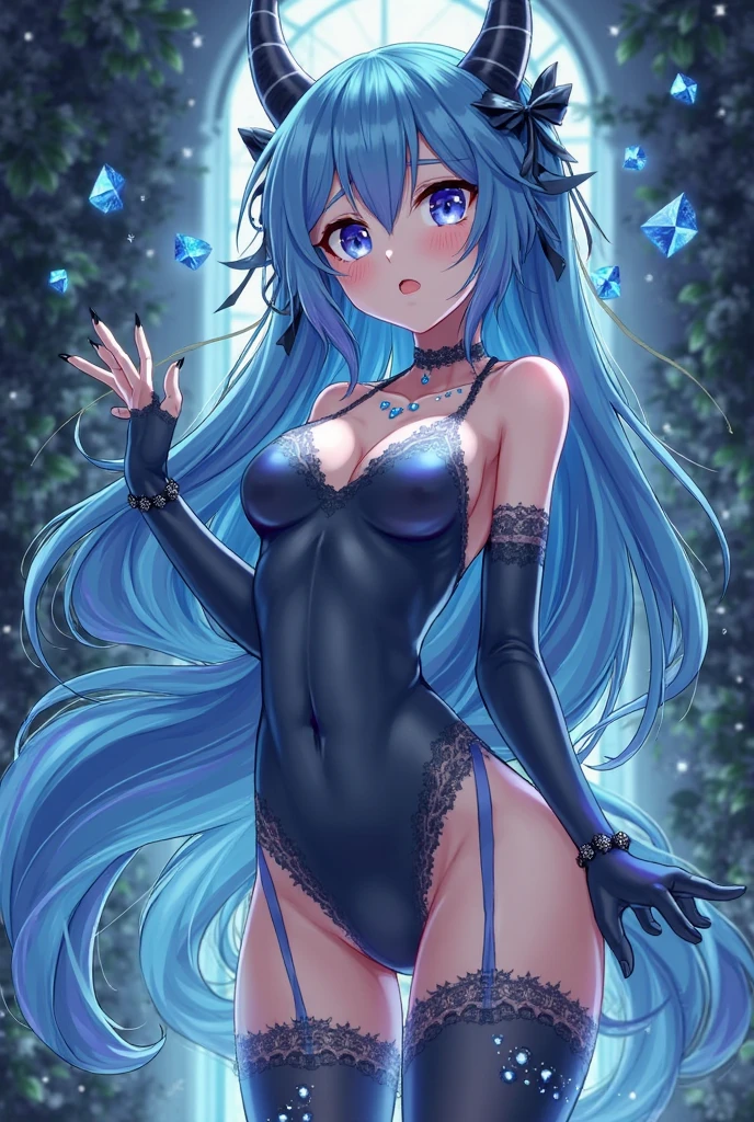 Girl with dark blue hair, green eyes,tall rectangular body figure, mature,pantyhose upto waist, topless