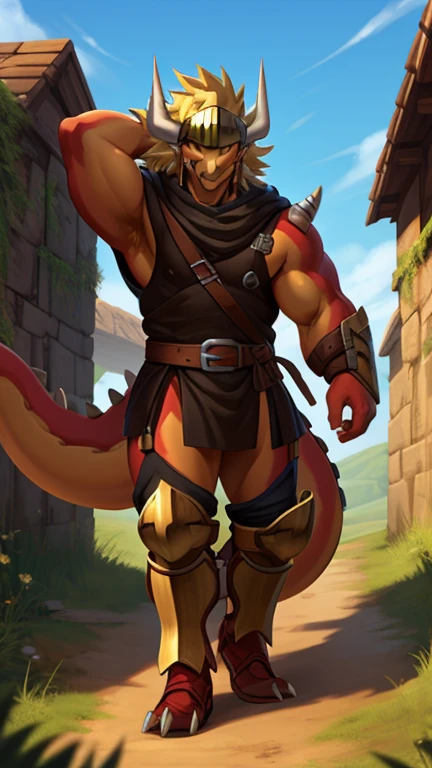Anthro, solamente, delga, Dragon, ropa, masculino, ropa superior, muscular, Antro muscular, chaqueta, camisa, Guantes sin dedos, ojos verdes, macho musculoso, cuerpo rojo, Mirando al espectador, nada, ropa inferior, Tatoo, chaleco blanco, cabello rubio, Antecedentes detallados, fotorrealista, manos realistas, 8k HD, Detalle extremo, (Sombras oscuras, wide dynamic range, HDR, poca luz:1.2), Por Canyne Khai,por milkytiger1145,por takemoto arashi,por null-ghost
