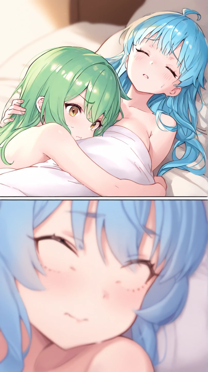 two sexy women in bed who are wife of 4 years old boy looking at camera, seductive smiles, portrait, various hair, view from above