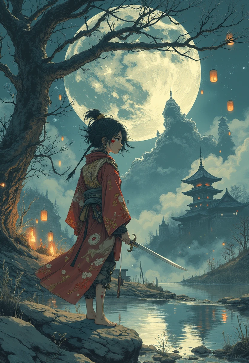 1girl, ghost, long hair, red eyes, half closed eyes, kimono, strapless, traditional architecture, east asian architecture, night, red moon, (fog:1.4), silhouette, expressionless, fire, looking at viewer, foreground, reflection, from blow, bloody, blood, horror (theme), masterpiece, best quality, absurdres, highres, <lora:LowRA:0.5>, <lora:flat2:-0.6>