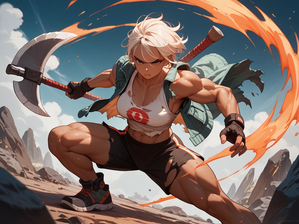 <lora:Riven-000016:.85>, riven \(league of legends\), 1girl, solo, white hair, black eyeshadow, torn clothes, midriff, cowboy shot, serious, (angry:0.7), looking at viewer, backlighting, fire background, <lora:Constricted PupilsV3:1>, "constricted pupils, small pupils"