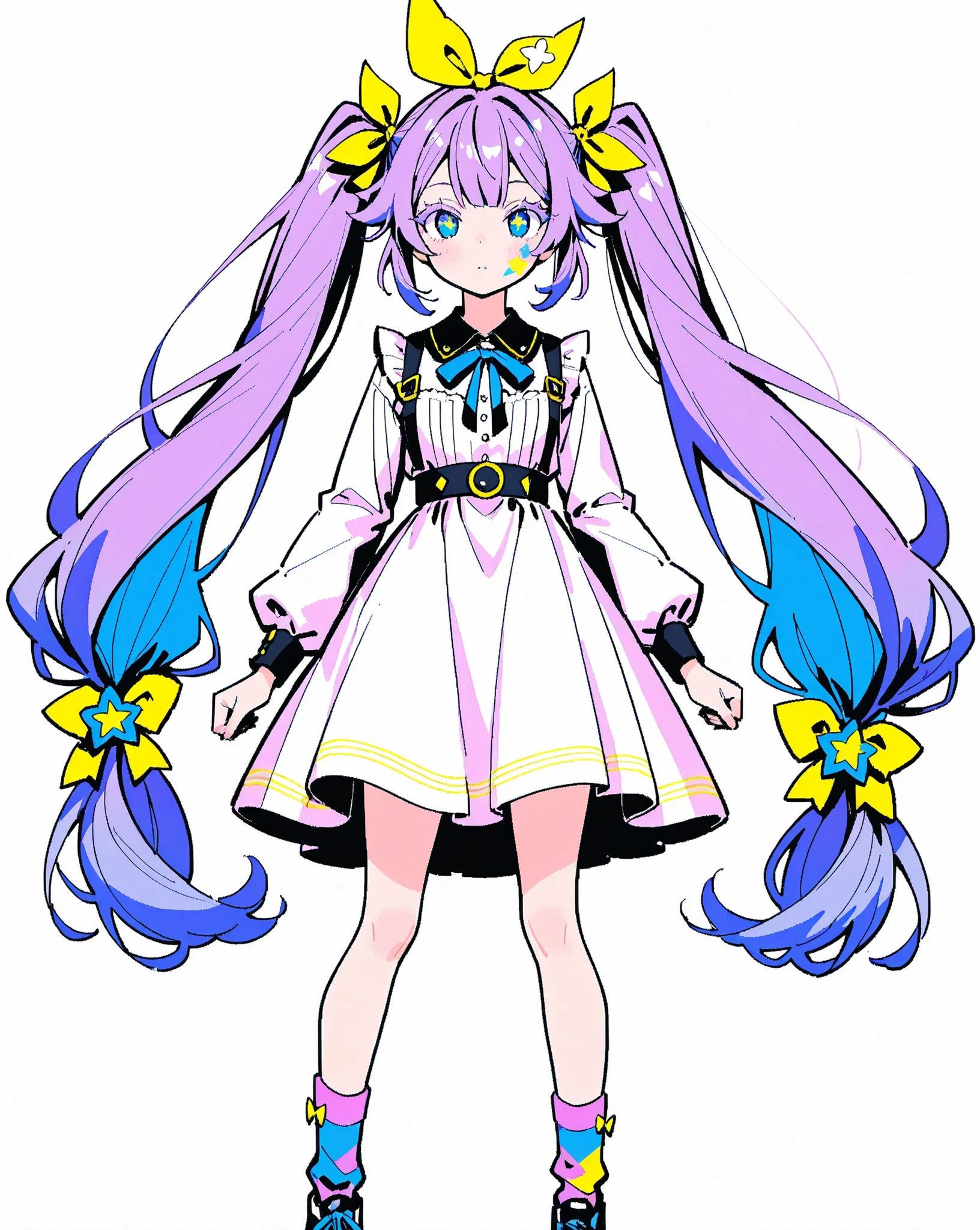 score_9, score_8_up, score_7_up, Minimalist, 1girl, Action Painting, Masterpiece, Vivid colors, Pastel colors, (1girl\ Nordic beauty, Beautiful woman, Ennui, Harajuku girl, "Blue eyes", Colored eyelashes, Twin tails, Purple hair, "Big ribbon on head", "Alice in Wonderland vibe", Beautiful hands, Neon socks, "Stars in her eyes", Long eyelashes\), (Please create an illustration of a girl dressed in Harajuku fashion), (Please create a girl with an Alice-like atmosphere in a land), (She has big eyes and long eyelashes), (A girl who seems to be able to use magic), Delicate depiction, Flawless depiction, (Detailed depiction of skin texture), (Detailed texture:2.9), (Contemporary:0.4), (Fantasy:1.3), Zest, Very good composition, UHD, 8k, Pixiv quality, Japanese Illustration