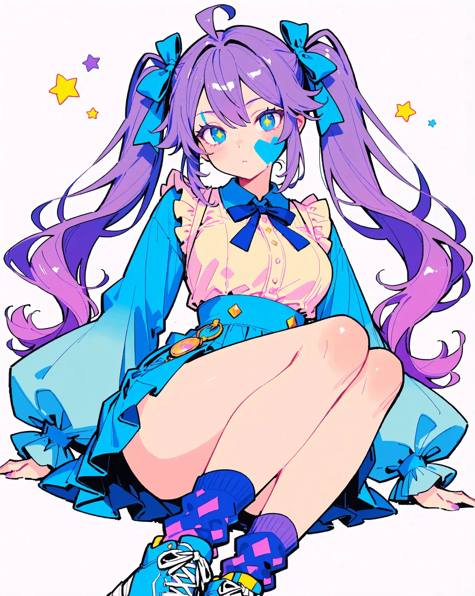 score_9, score_8_up, score_7_up, Minimalist, 1girl, Action Painting, Masterpiece, Vivid colors, Pastel colors, (1girl\ Nordic beauty, Beautiful woman, Ennui, Harajuku girl, "Blue eyes", Colored eyelashes, Twin tails, Purple hair, "Big ribbon on head", "Alice in Wonderland vibe", Beautiful hands, Neon socks, "Stars in her eyes", Long eyelashes\), (Please create an illustration of a girl dressed in Harajuku fashion), (Please create a girl with an Alice-like atmosphere in a land), (She has big eyes and long eyelashes), (A girl who seems to be able to use magic), Delicate depiction, Flawless depiction, (Detailed depiction of skin texture), (Detailed texture:2.9), (Contemporary:0.4), (Fantasy:1.3), Zest, Very good composition, UHD, 8k, Pixiv quality, Japanese Illustration