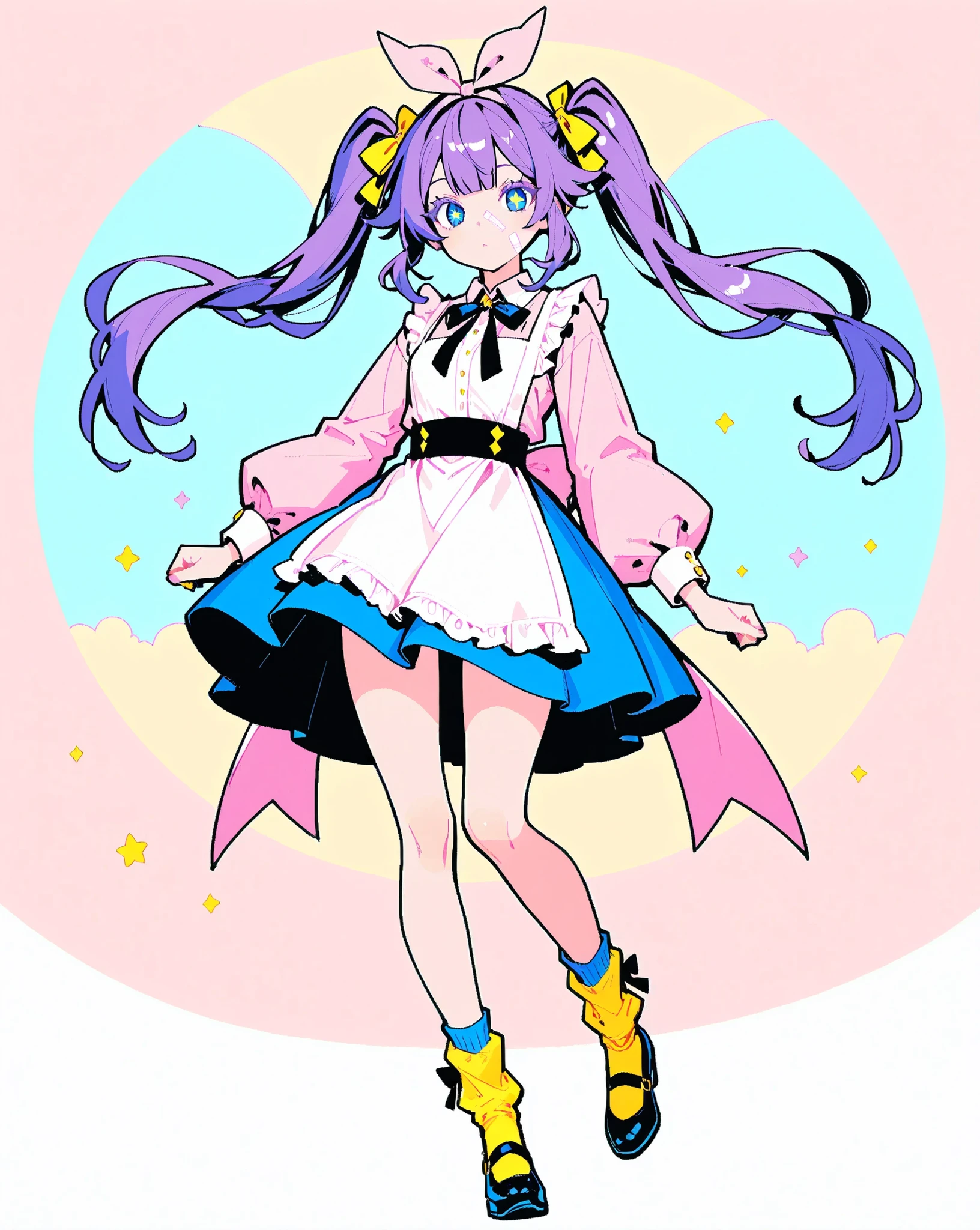 score_9, score_8_up, score_7_up, Minimalist, 1girl, Action Painting, Masterpiece, Vivid colors, Pastel colors, (1girl\ Nordic beauty, Beautiful woman, Ennui, Harajuku girl, "Blue eyes", Colored eyelashes, Twin tails, Purple hair, "Big ribbon on head", "Alice in Wonderland vibe", Beautiful hands, Neon socks, "Stars in her eyes", Long eyelashes\), (Please create an illustration of a girl dressed in Harajuku fashion), (Please create a girl with an Alice-like atmosphere in a land), (She has big eyes and long eyelashes), (A girl who seems to be able to use magic), Delicate depiction, Flawless depiction, (Detailed depiction of skin texture), (Detailed texture:2.9), (Contemporary:0.4), (Fantasy:1.3), Zest, Very good composition, UHD, 8k, Pixiv quality, Japanese Illustration