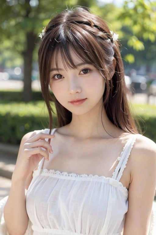 (masterpiece, highest quality, Raw photo, ), Asahi, A scene from a movie, beautiful girl, (Pure), (Delicate eyes, Thin eyebrows, Fair skin), (18-year-old), White spring clothes, (one piece), With bangs, Straight Hair, light makeup, (Cute Face, Glowing Cheeks, ),Hair blowing in the wind,