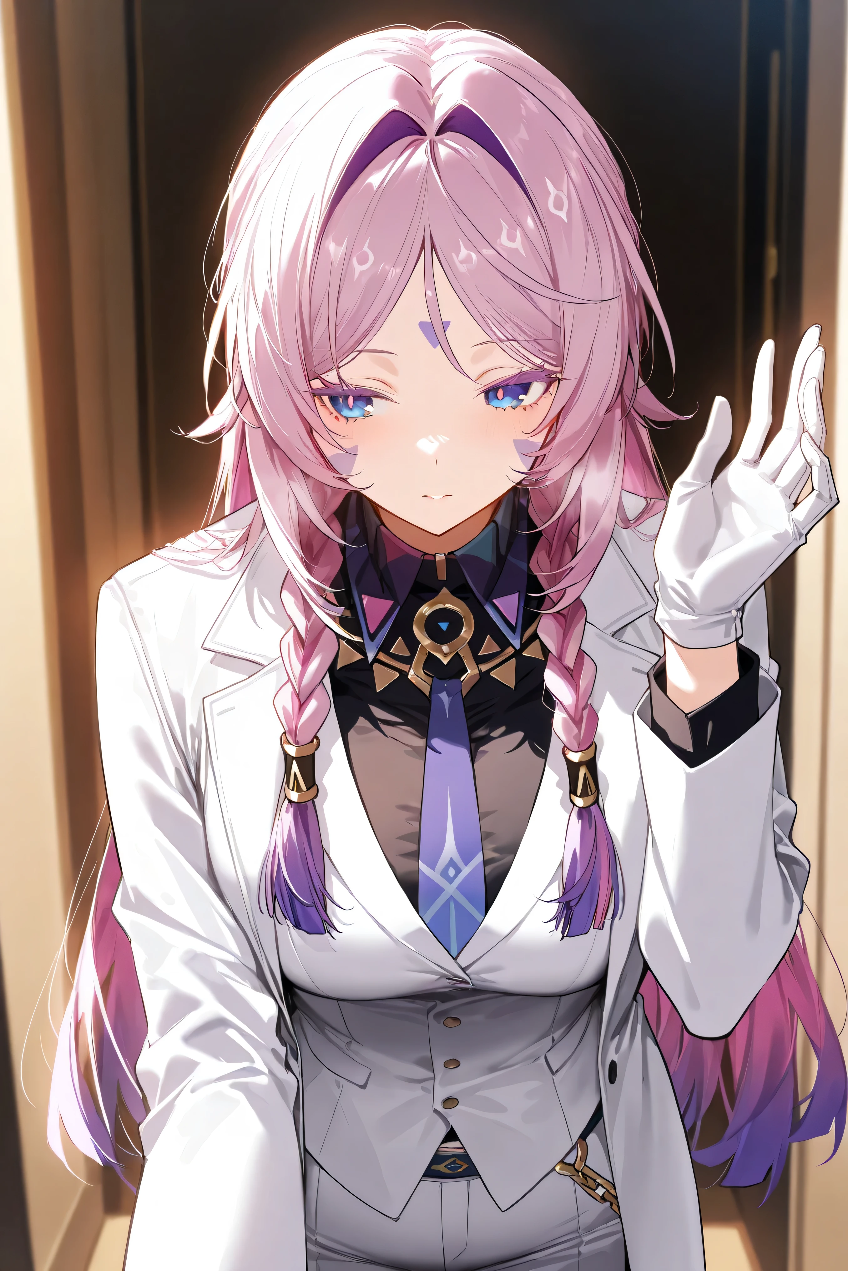 score_9, score_8_up, score_7_up, masterpiece, best quality, very aesthetic, absurdres, tunning image, attractive image, 1girl, solo, adult grown woman, citlali \(genshin impact\), pink hair, purple hair, multicolored hair, twin braids, hair intakes, blue eyes, forehead mark, lavender eyelashes, pink pupils, long hair, colored eyelashes, masterpiece,best quality,amazing quality, ero404, 5 fingers, alternate costume, mafia girl, necktie, white gloves, white suit, black shirt, white vest, white coat, chain accessories,