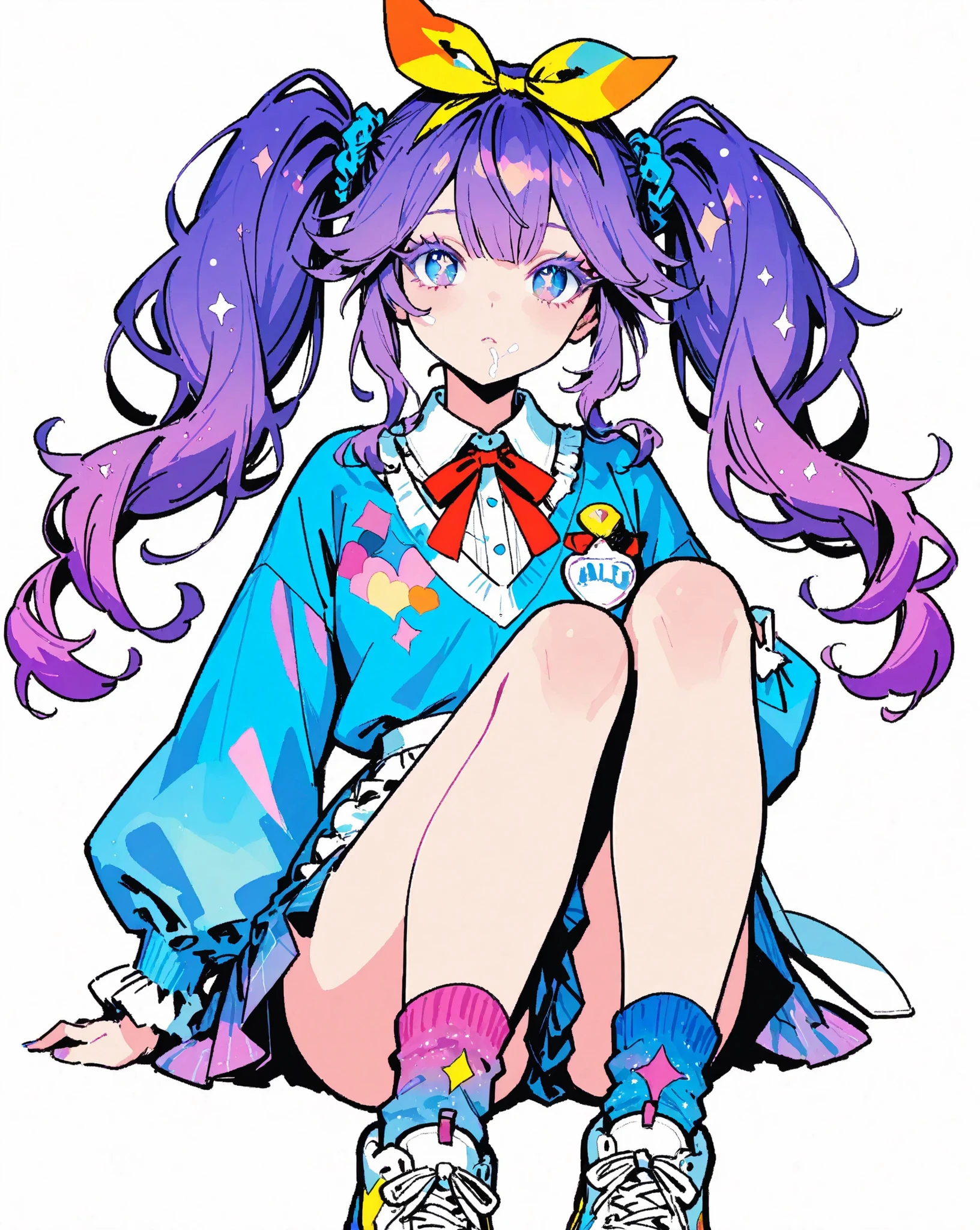 score_9, score_8_up, score_7_up, Minimalist, 1girl, Action Painting, Masterpiece, Vivid colors, Pastel colors, (1girl\ Nordic beauty, Beautiful woman, Ennui, Harajuku girl, "Blue eyes", Colored eyelashes, Twin tails, Purple hair, "Big ribbon on head", "Alice in Wonderland vibe", Beautiful hands, Neon socks, "Stars in her eyes", Long eyelashes\), (Please create an illustration of a girl dressed in Harajuku fashion), (Please create a girl with an Alice-like atmosphere in a land), (She has big eyes and long eyelashes), (A girl who seems to be able to use magic), Delicate depiction, Flawless depiction, (Detailed depiction of skin texture), (Detailed texture:2.9), (Contemporary:0.4), (Fantasy:1.3), Zest, Very good composition, UHD, 8k, Pixiv quality, Japanese Illustration