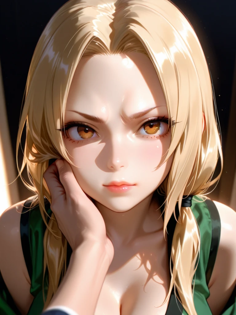 Browsing Caution, (Best image quality,highest quality,Highest Resolution, Ultra-Realistic Images,Very detailed,masterpiece),{Inside the room|exterior|Simple Background}，Tsunade,((Sticky with sweat)),(No shoulder strap:1.3),(Wavy Hair:0.8),Long white hair，blonde，(Golden Eyes)，Big Breasts，blush，(Huge areola),Inverted nipples,Dark green coat，(Make your face bright red:1.4)，Eyes in Love,Looking into the camera,Dynamic pose,Browsing Caution,