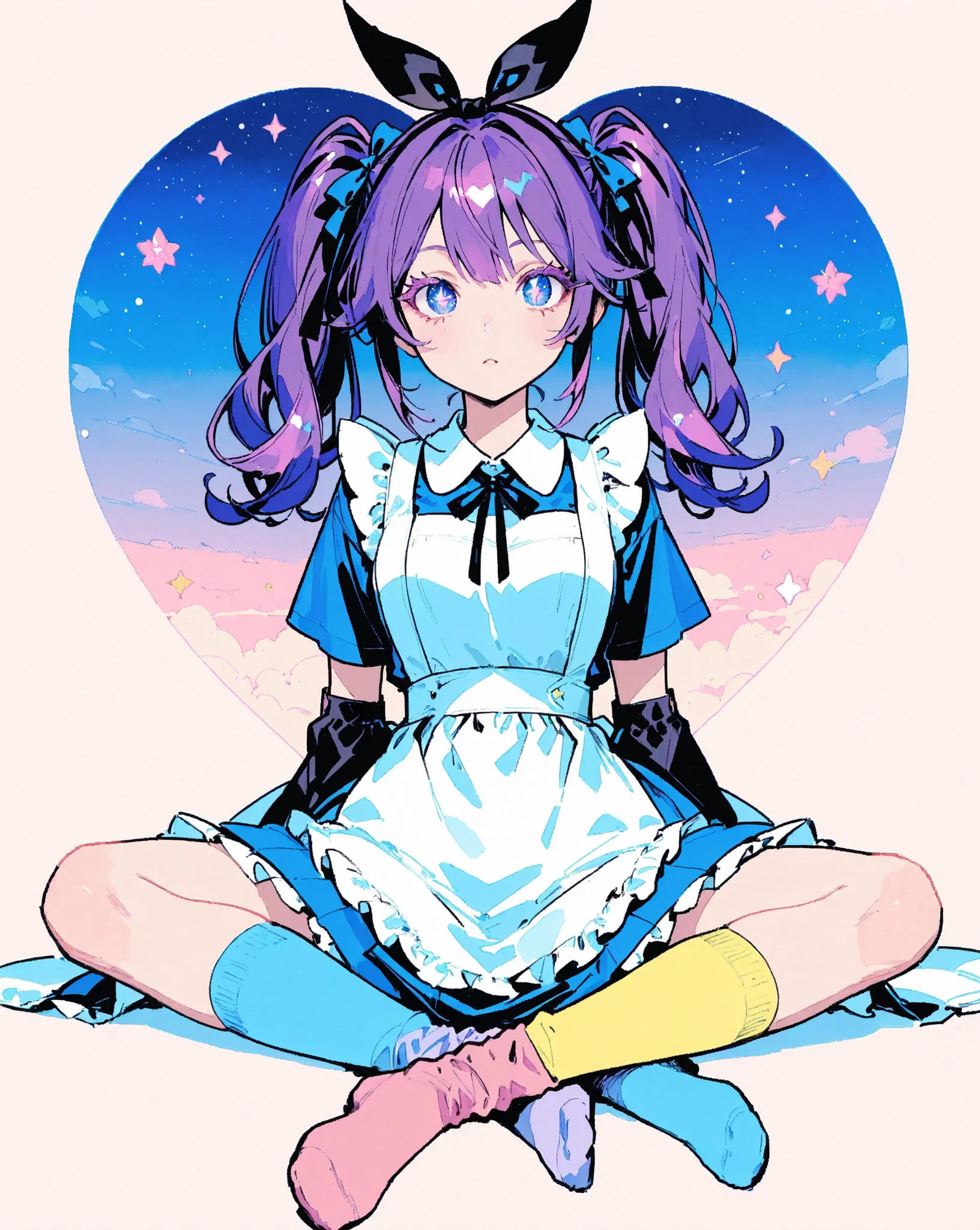 score_9, score_8_up, score_7_up, Minimalist, 1girl, Action Painting, Masterpiece, Vivid colors, Pastel colors, (1girl\ Nordic beauty, Beautiful woman, Ennui, Harajuku girl, "Blue eyes", Colored eyelashes, Twin tails, Purple hair, "Big ribbon on head", "Alice in Wonderland vibe", Beautiful hands, Neon socks, "Stars in her eyes", Long eyelashes\), (Please create an illustration of a girl dressed in Harajuku fashion), (Please create a girl with an Alice-like atmosphere in a land), (She has big eyes and long eyelashes), (A girl who seems to be able to use magic), Delicate depiction, Flawless depiction, (Detailed depiction of skin texture), (Detailed texture:2.9), (Contemporary:0.4), (Fantasy:1.3), Zest, Very good composition, UHD, 8k, Pixiv quality, Japanese Illustration