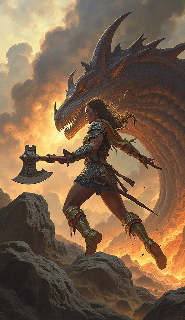 Lilith a strong and courageous woman defeating the manticore a terrible monster