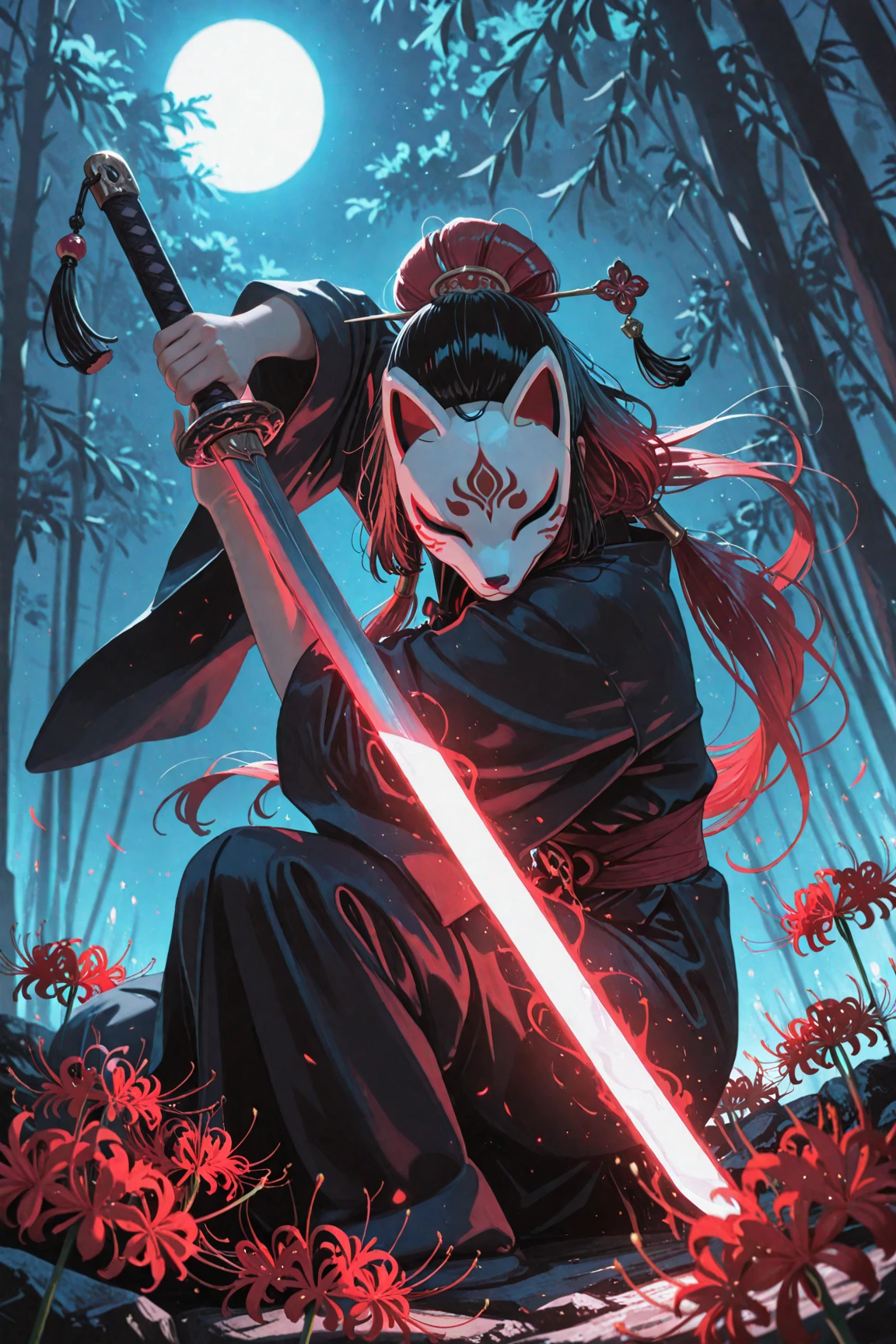 masterpiece, top quality, very aesthetic, Super Detailed, very high resolution, 1girl, solo, Home Cut, long hair, Red hair, The magic, Sword with sword, Moonlight, black hair, makeup, Ethereal, Spider Lily, Hair Accessory, ready to attack, Sword Extraction Stance, Wearing a fox mask