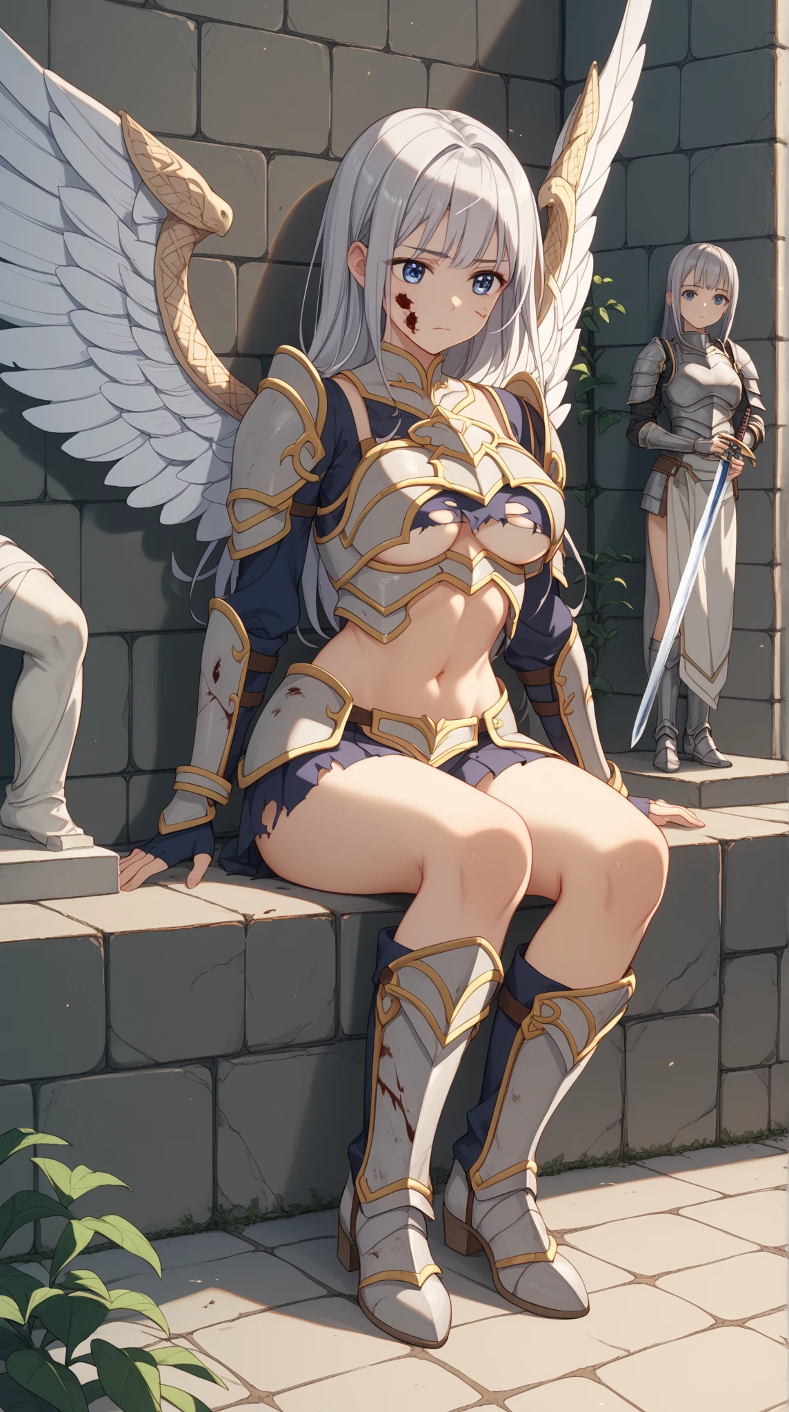  ((best quality)), ((masterpiece)), (detailed), 1girl, off-shoulder, Character design, female, dynamic poses, long white grey hair, grey white eyes, very skinny, detailed, best quality, no accesoires around the neck, no shoes, prominent collarbones, skinny arms, flat stomach, visible hip bones, full body, blank white background, plain background, white background, red and white clothing, Bloodborne inspired, occult aesthetic, occult, detailed and intricate steampunk and detailed gothic, NSFW, Very dramatic and cinematic lighting, cosmic horror, grim-dark, side-lighting, perfect face, NSFW, Fluttering lace flared long knee length dress with frilly petticoats, knee length dress, pleated petticoats, petticoats gothic, complex lace boots, side-lighting, gothic lolita aesthetic, wielding a mighty sword with mechanical components, mandalas, small breasts, a fairy, various different types of insect wings, NSFW, full body, whole body, body, plain background, white background, blank background, no background, white background NSFW, chains, full body, whole body, head-to-toe NSFW 