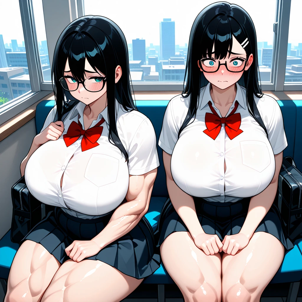 Two Girl,black hair, perfect body,cute,big ,sexy,high school,blue and green eyes,anime