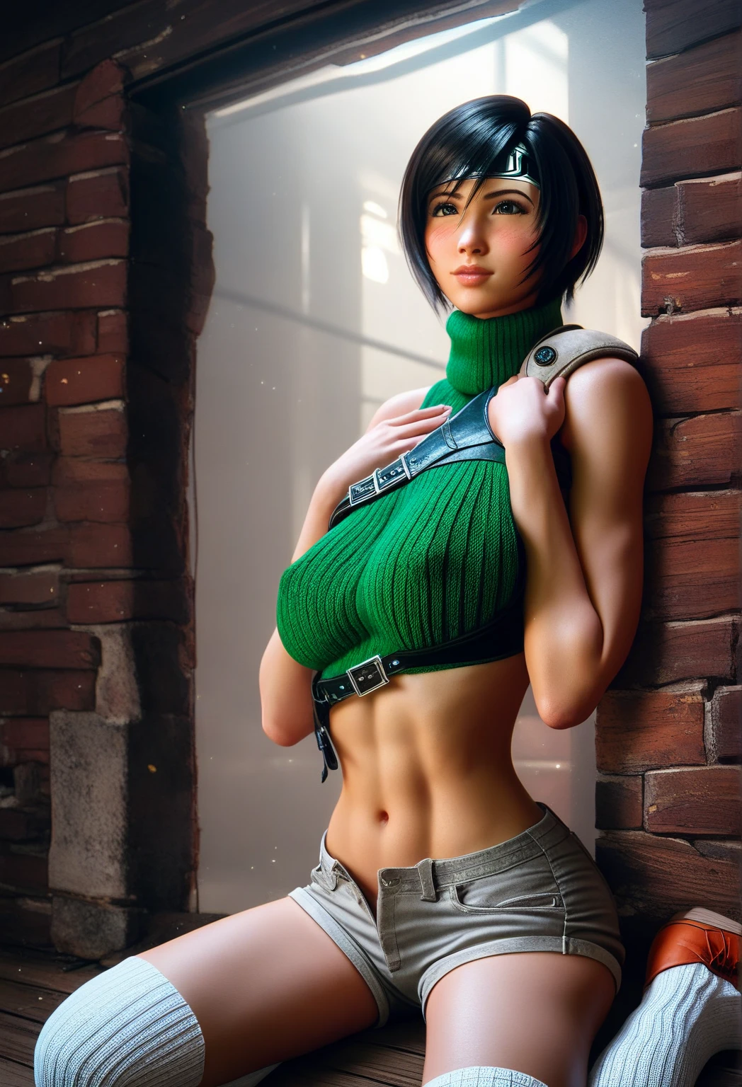 Nsfw, (detailed eyes), (delicate skin), best quality, Best Desinger, Best illustration, (foto fotorrealista: 1.3), (pele com alto detalhe:1.2), 8k UHD, dslr, alta qualidade, alta resolução, arms behind back, black thighs, bondage, tied breasts, female necklace, hair between eyes, big breasts, metal collar, navel, bare nipples, pussy,