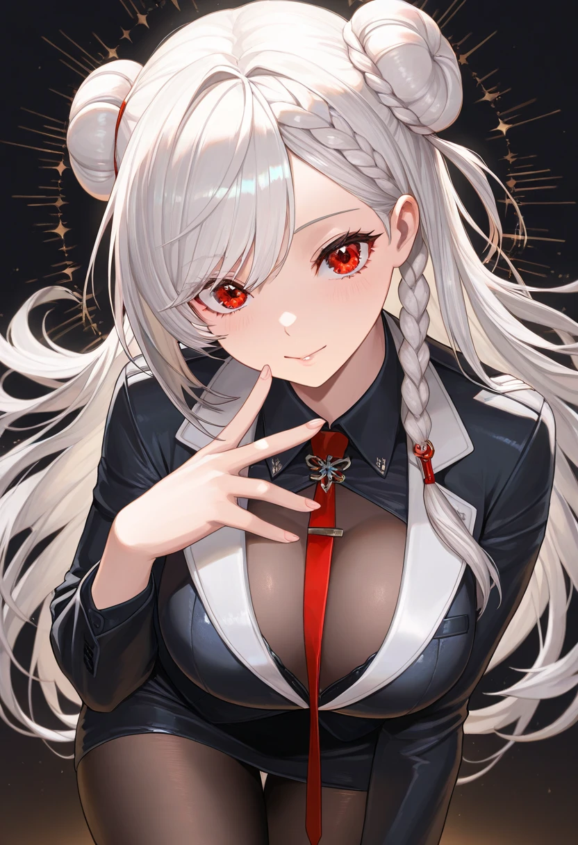One Girl, Solo, ((Large: 1.4)), ((Hi-Res)), ((Maste Piece)), ((Best Quality)), (Very detailed)), Large_filesize, fully colored, Detailed background, Long white hair, Red eyes, (eyelines), Night, (red frill),(Black spats),(detailed black bodysuit and gothic ta fashion with gold embroidery)1.1, (body suit, Ruffled decoration, gold line)
