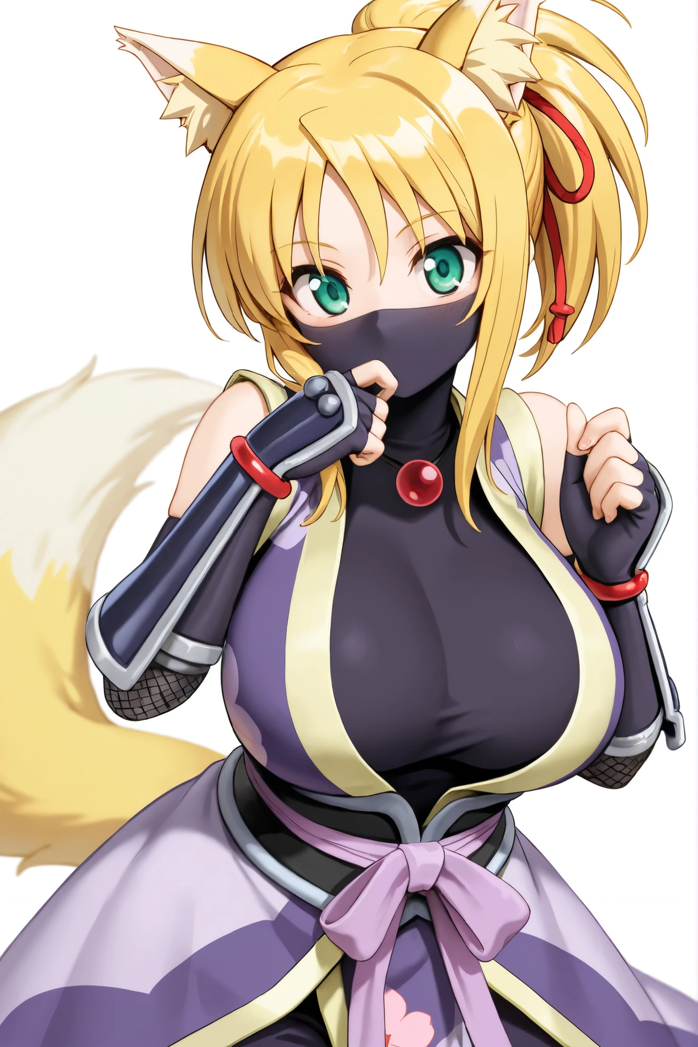 (masterpiece),(best quality),(ultra-detailed),(very aesthetic),nsfw,BREAK,solo,1girl,30 years old,curvy,large breasts,tall,stout build,(toned:0.7),bewitching,(fox tail),blonde fox ears,short hair,blonde hair,beautiful face,(brown eyes),(messy hair),disheveled hair,hair intakes,(fusion of dark green gradient flower print kimono and pelvic curtain:1.2),(loose chest:0.5),clenching teeth,serious,sentimental emotion,incoming attack,assaulting,katana,slahing the katana down at high speed,The trajectory of the blade as it was swung down glows purple aura,tabi,bandaged hand,(japanese shrin,plaza),(scar on cheek,scar on breasts:1.2),cowboy shot