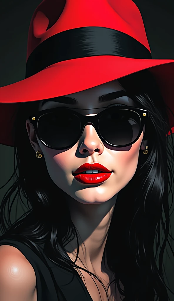 there a woman wearing sunglasses and a black dress, in style of digital painting, sultry digital painting, in style of digital illustration, style digital painting, # 1 digital painting of all time, #1 digital painting of all time, young glitched woman, low detailed. digital painting, clear portrait of demi rose, selfie of a young woman, art digital painting