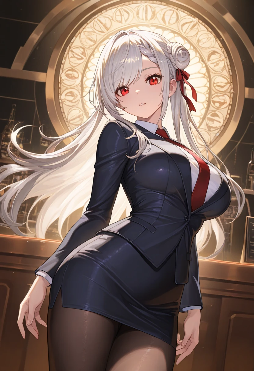 ((best quality)), ((Masterpiece)), (details), Milf, SWAT uniform, Curtain Bangs, white hair, Red eyes, short skirt, คุกเข่า, big breasts, city background, night, เหมือนจริง, 8k, natural lighting, soft lighting, sunlight, HDR (High Dynamic Range), Maximum Clarity And Sharpness, Multi-Layered Textures, ทรงผมหลายชั้น, ต่างหู