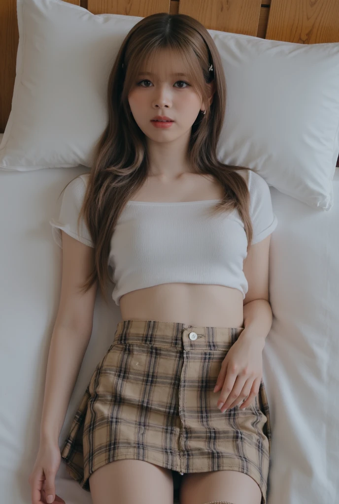 Best quality, masterpiece, detailed, 16k, beautiful and detailed face, beautiful and detailed eyes, 8k, single_woman, perfect body, perfect proportions, perfect face, 3/4 shot of the body, (long loose hair), (lying on a picnic blanket: 1.2), (she is wearing a polo shirt and a miniskirt), (perfect legs, ,