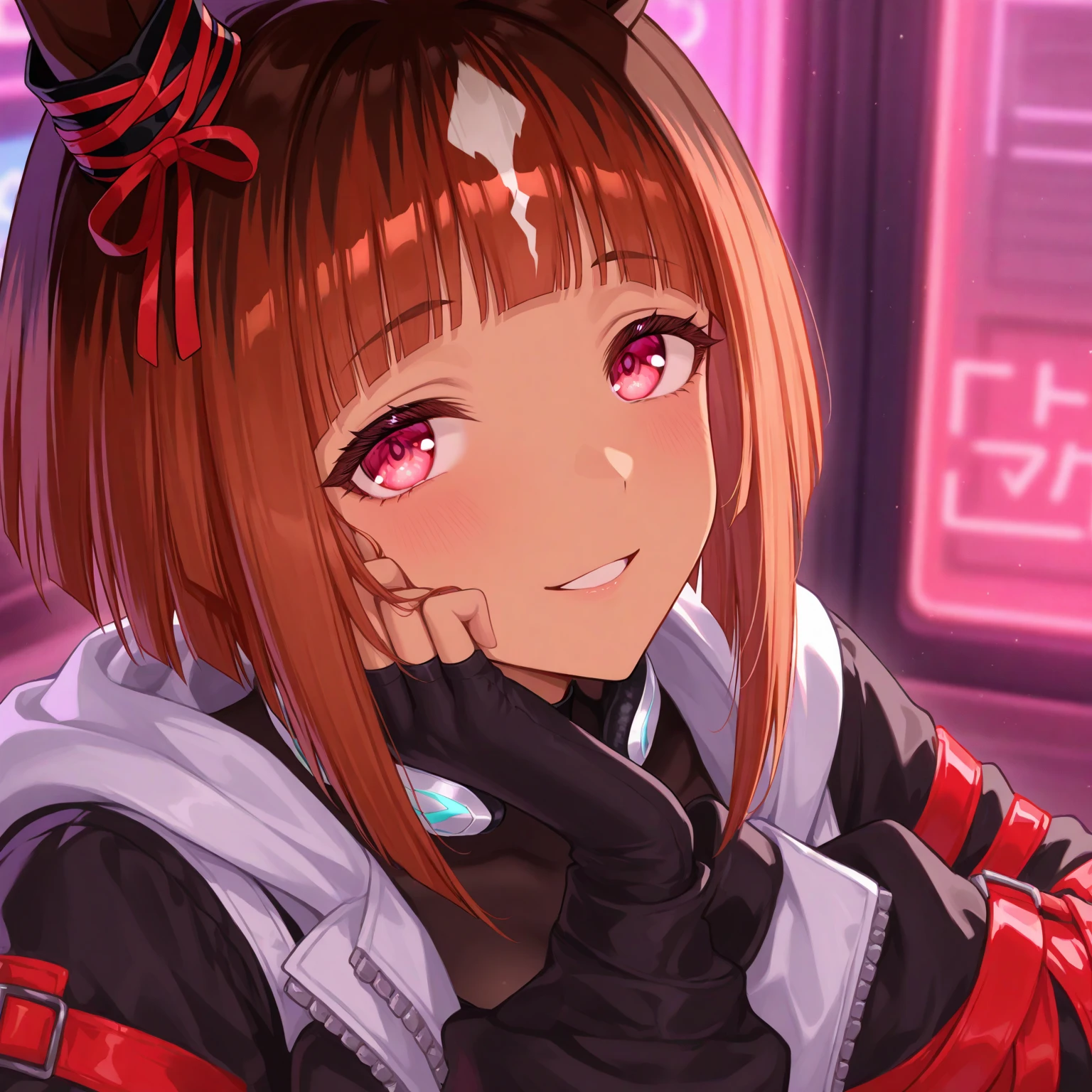 girl, cat-ear headphones, colourful hair, pink hair highlights, cute egirl face, lip gloss, sexy pink bodysuit