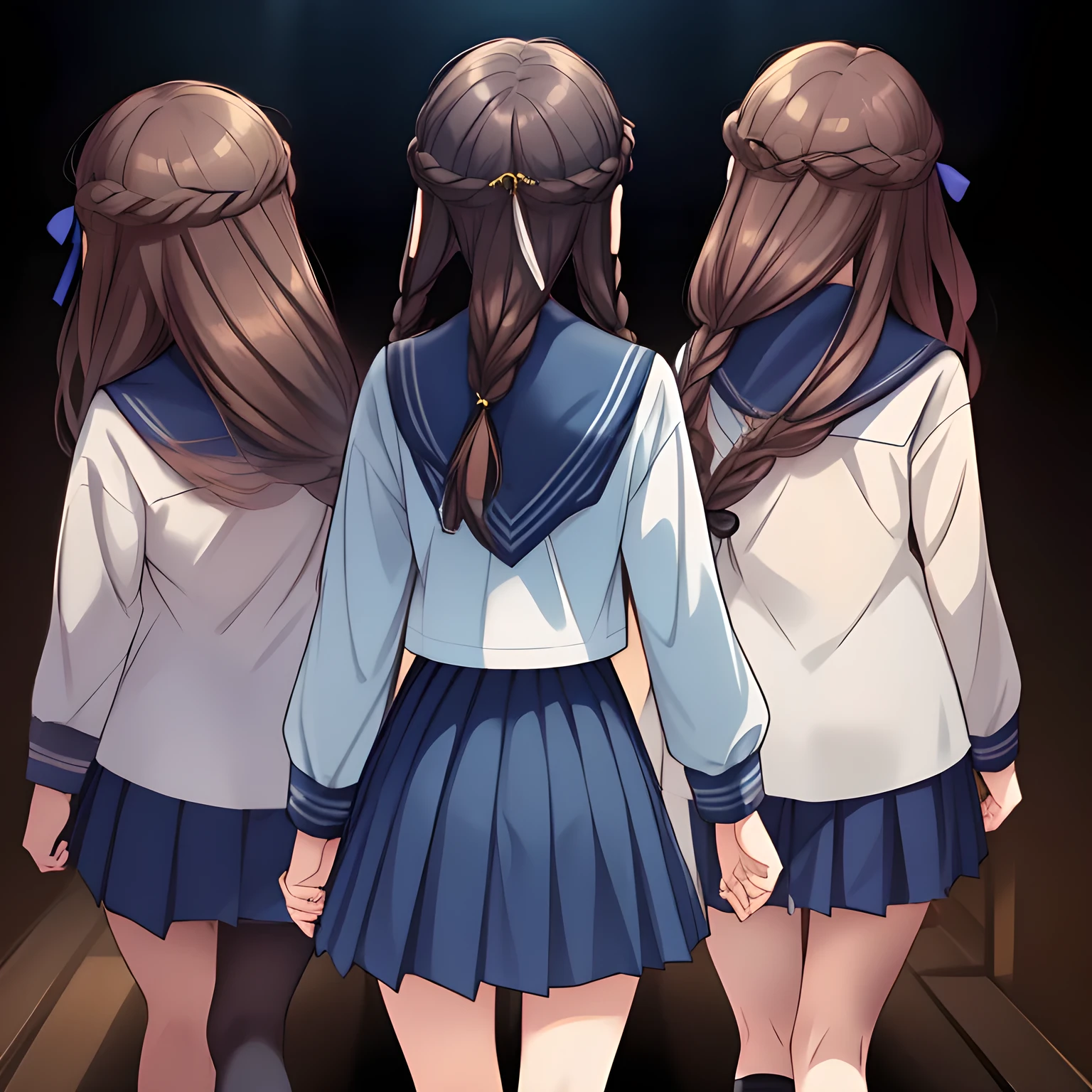 (highest quality, masterpiece:1.2), highest quality, High resolution, 1080p, 8K, ((too beautiful) (too pretty) (noble decorous well-behaved) (three tender human princess) of (((most beloved))) (love-story comic heroine) are walking down, the smell of the girls hair ((melts my mind completely)), talking together, (smart and perfectly balanced style like a fashion model), neat & clean, lovely strong charm, noble beautiful hand and fingers like a model: 1.5), (Very confident serene laugh: 1.6), (black hair, noble style:1.0), (dark blue exemplary neat proper sailor-style school uniform: 2.0), (neat white socks, dark brown school loafers: 1.2), (A very neat, (dark-blue) mid-length pleated blue school skirt): 1.9), ((amazingly beautiful black twin braids hair: 1.5)), (I am (following behind the girls) secretly with lust: 1.8) , (Nothing but darkness background to emphasize their neatness: 1.5)