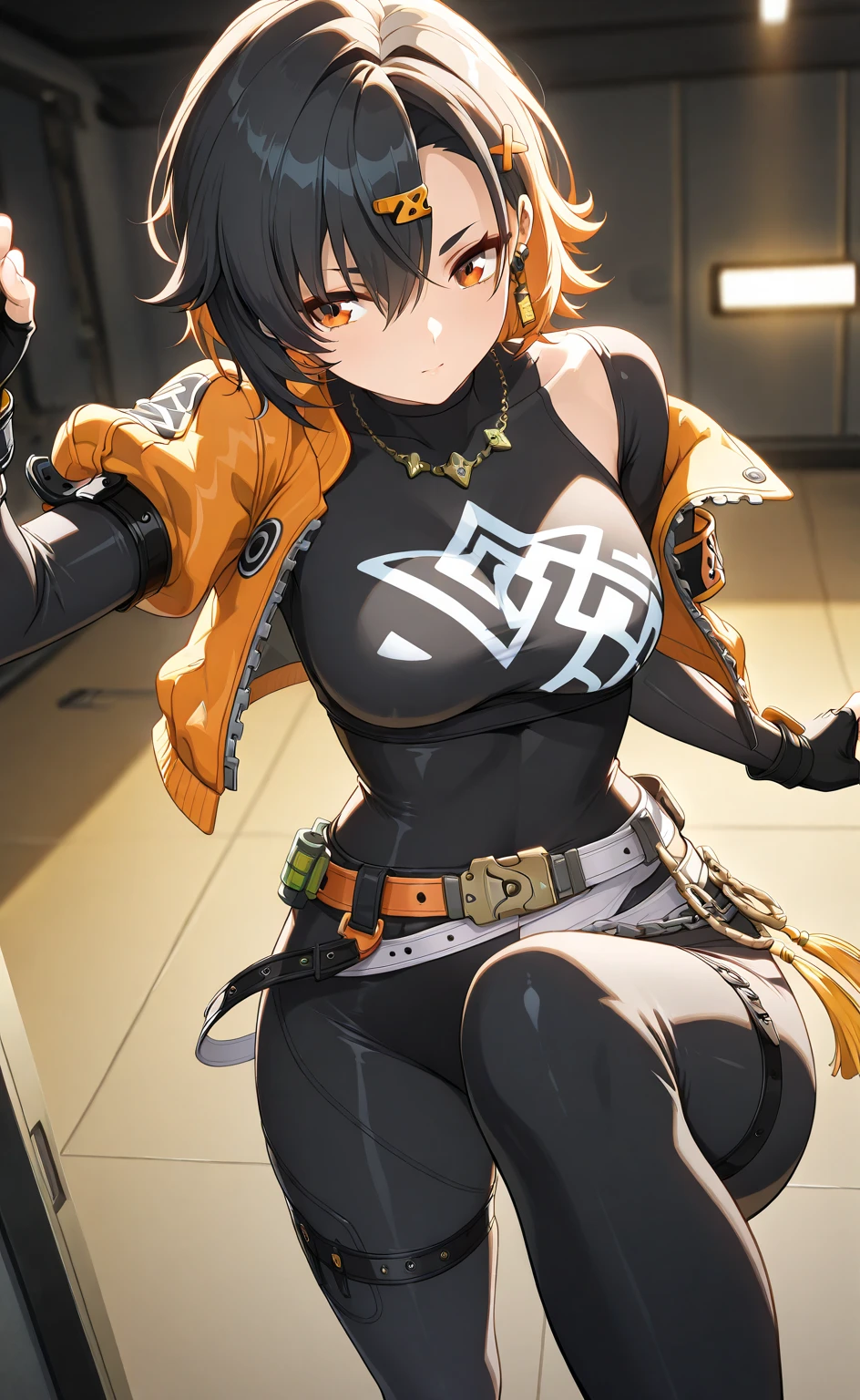 Masterpiece, 4K, Best Quality, purple eyes, long orangish hair, golden brown skin, medieval breast wrap, Shorts, Standing, Arms Crossed Cool Expression Sweat Miwaki, Amazonian beauty,