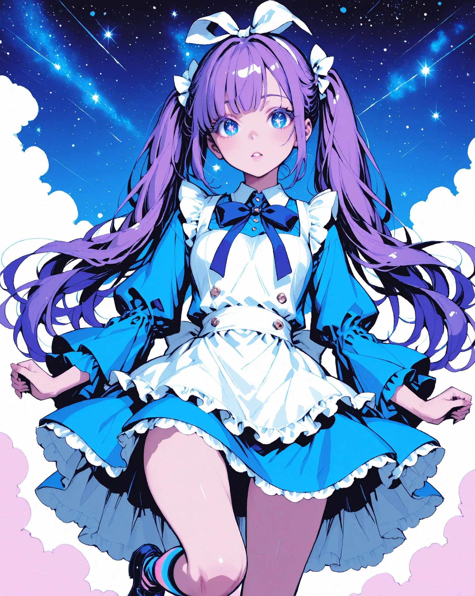 score_9, score_8_up, score_7_up, Minimalist, 1girl, Action Painting, Masterpiece, Vivid colors, Pastel colors, (1girl\ Nordic beauty, Beautiful woman, Ennui, Harajuku girl, "Blue eyes", Colored eyelashes, Twin tails, Purple hair, "Big ribbon on head", "Alice in Wonderland vibe", Beautiful hands, Neon socks, "Stars in her eyes", Long eyelashes\), (Please create an illustration of a girl dressed in Harajuku fashion), (Please create a girl with an Alice-like atmosphere in a land), (She has big eyes and long eyelashes), (A girl who seems to be able to use magic), Delicate depiction, Flawless depiction, (Detailed depiction of skin texture), (Detailed texture:2.9), (Contemporary:0.4), (Fantasy:1.3), Zest, Very good composition, UHD, 8k, Pixiv quality, Japanese Illustration