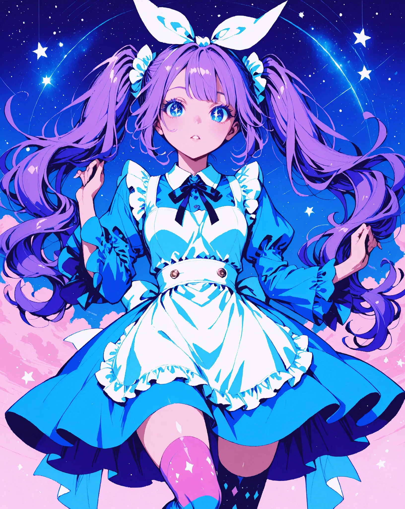 score_9, score_8_up, score_7_up, Minimalist, 1girl, Action Painting, Masterpiece, Vivid colors, Pastel colors, (1girl\ Nordic beauty, Beautiful woman, Ennui, Harajuku girl, "Blue eyes", Colored eyelashes, Twin tails, Purple hair, "Big ribbon on head", "Alice in Wonderland vibe", Beautiful hands, Neon socks, "Stars in her eyes", Long eyelashes\), (Please create an illustration of a girl dressed in Harajuku fashion), (Please create a girl with an Alice-like atmosphere in a land), (She has big eyes and long eyelashes), (A girl who seems to be able to use magic), Delicate depiction, Flawless depiction, (Detailed depiction of skin texture), (Detailed texture:2.9), (Contemporary:0.4), (Fantasy:1.3), Zest, Very good composition, UHD, 8k, Pixiv quality, Japanese Illustration
