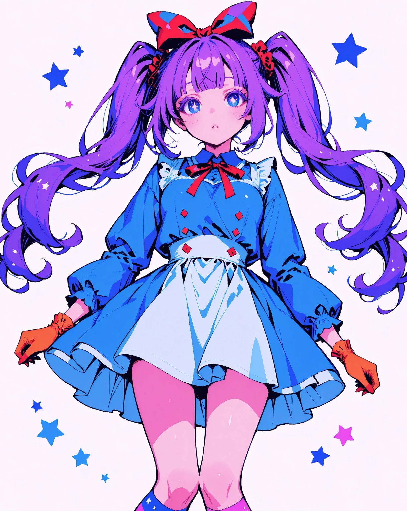 score_9, score_8_up, score_7_up, Minimalist, 1girl, Action Painting, Masterpiece, Vivid colors, Pastel colors, (1girl\ Nordic beauty, Beautiful woman, Ennui, Harajuku girl, "Blue eyes", Colored eyelashes, Twin tails, Purple hair, "Big ribbon on head", "Alice in Wonderland vibe", Beautiful hands, Neon socks, "Stars in her eyes", Long eyelashes\), (Please create an illustration of a girl dressed in Harajuku fashion), (Please create a girl with an Alice-like atmosphere in a land), (She has big eyes and long eyelashes), (A girl who seems to be able to use magic), Delicate depiction, Flawless depiction, (Detailed depiction of skin texture), (Detailed texture:2.9), (Contemporary:0.4), (Fantasy:1.3), Zest, Very good composition, UHD, 8k, Pixiv quality, Japanese Illustration
