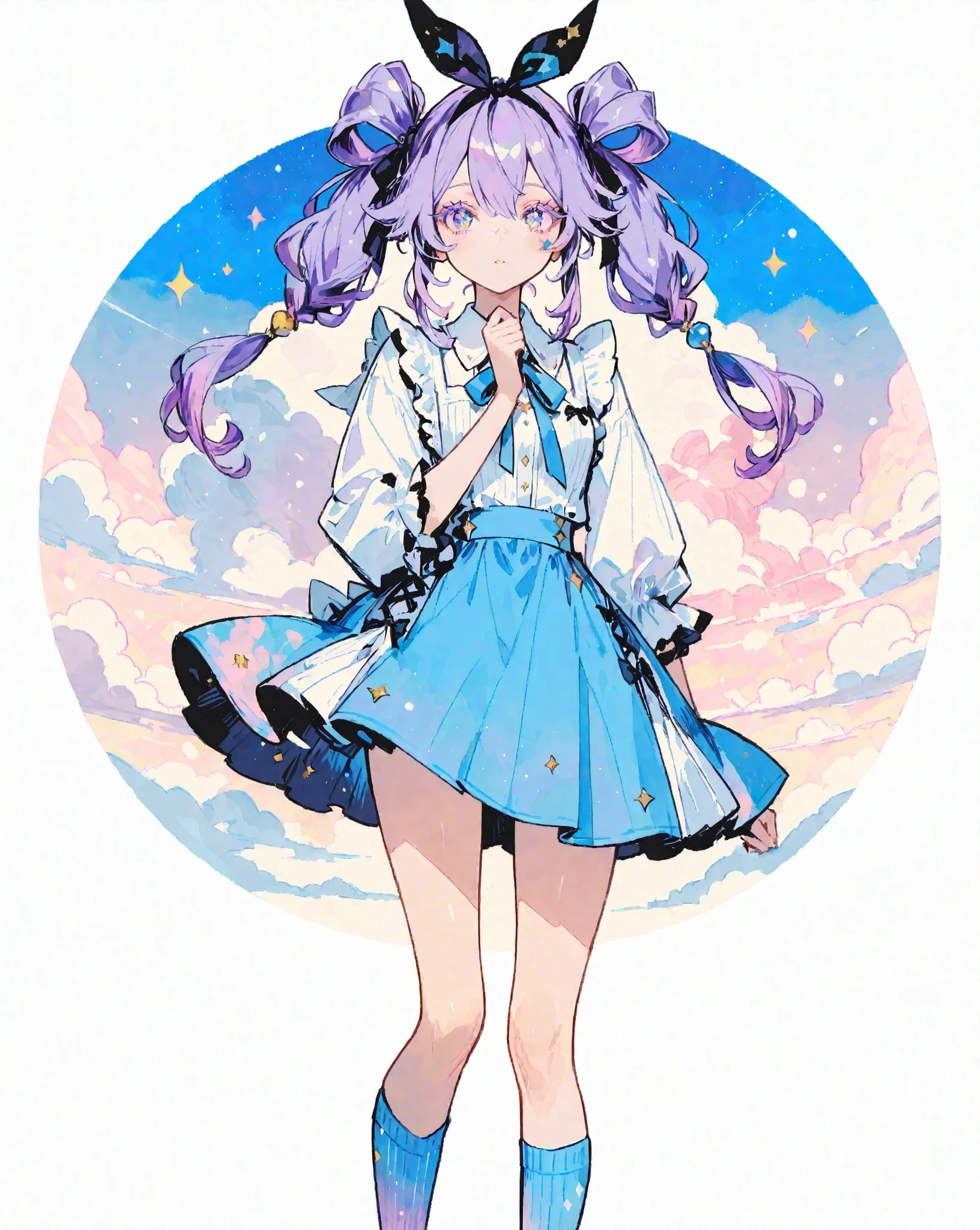 score_9, score_8_up, score_7_up, Minimalist, 1girl, Action Painting, Masterpiece, Vivid colors, Pastel colors, (1girl\ Nordic beauty, Beautiful woman, Ennui, Harajuku girl, "Blue colored contact lenses", Colored eyelashes, Twin tails, Purple hair, "Big ribbon on head", "Alice in Wonderland vibe", Beautiful hands, Neon socks, "Stars in her eyes", Long eyelashes\), (Please create an illustration of a girl dressed in Harajuku fashion), (Please create a girl with an Alice-like atmosphere in a land), (She has big eyes and long eyelashes), (A girl who seems to be able to use magic), Delicate depiction, Flawless depiction, (Detailed depiction of skin texture), (Detailed texture:2.9), (Contemporary:0.4), (Fantasy:1.3), Zest, Very good composition, UHD, 8k, Pixiv quality, Japanese Illustration
