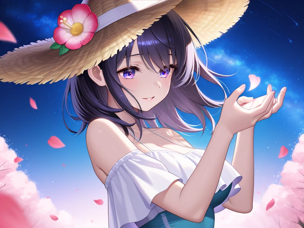 masterpiece, best quality, high quality, extremely detailed, very delicate and beautiful, (1 female 18 years old solo:1.5), (long black hair up to waist with two side up:1.4), bangs to eyebrows, eyes (eyes sharp, strong, glossy, glossy eyebrows), (eye color magenta: 1.3), 6.5 head height, (summer flower print fashion: 1.3), knee socks, ruffles, lace, (smiling), (holding a bouquet of summer flowers: 1.3), (dynamic pose), (background summer colorful flower field: 1.3), (Blue Sky: 1.3), (upper body:1.3)
