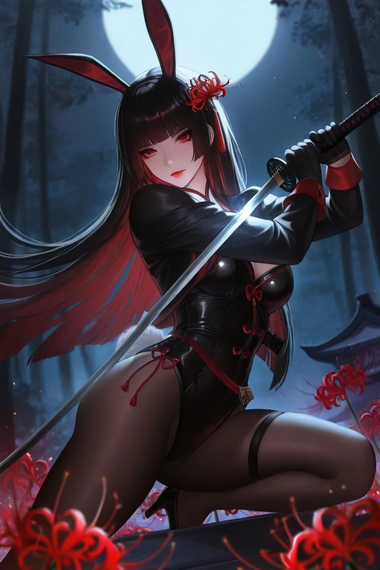 1 Beautiful Girl,1 Ninja (Good Quality), Best Quality (8K), Highly Detailed Background, Dark Forest, Face ((Japan person) (masked) (Beautiful nose) (Adult) (Quality highest quality) (8K))), Perfect body line (8 heads),Full body (standing) ((Black shinobi armor))),Moisturized black hair (gloss, best quality),Straight long hair (princess cut),Big,18 years old,Battle pose