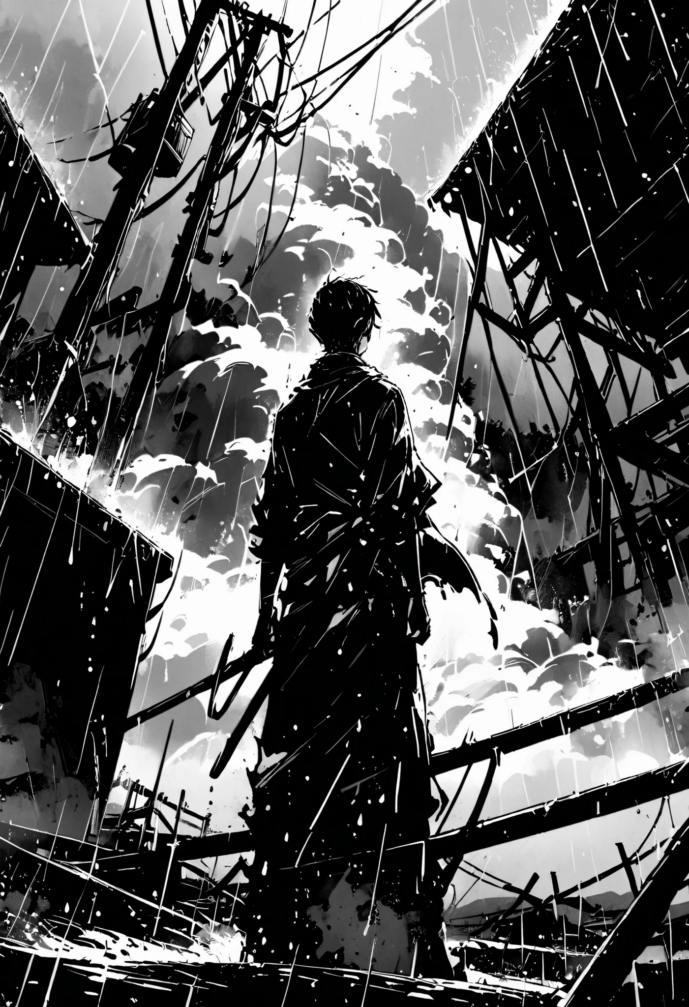Lonely, weapons, Eternal, keep, 1 person, from the back, Smoking, Power lines, Scenery, rain, Outdoors, 1Other