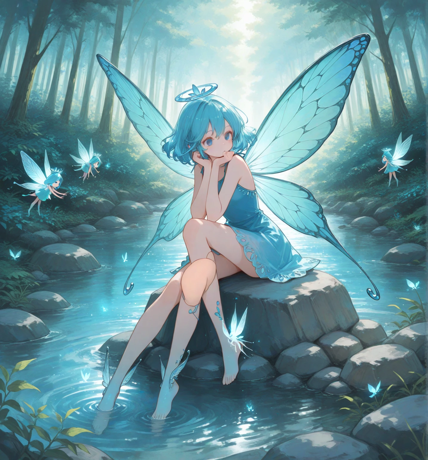 Blue fairy, cute, red eyes, dark blue hair, white shirt, wet, high quality, water drops are clear,