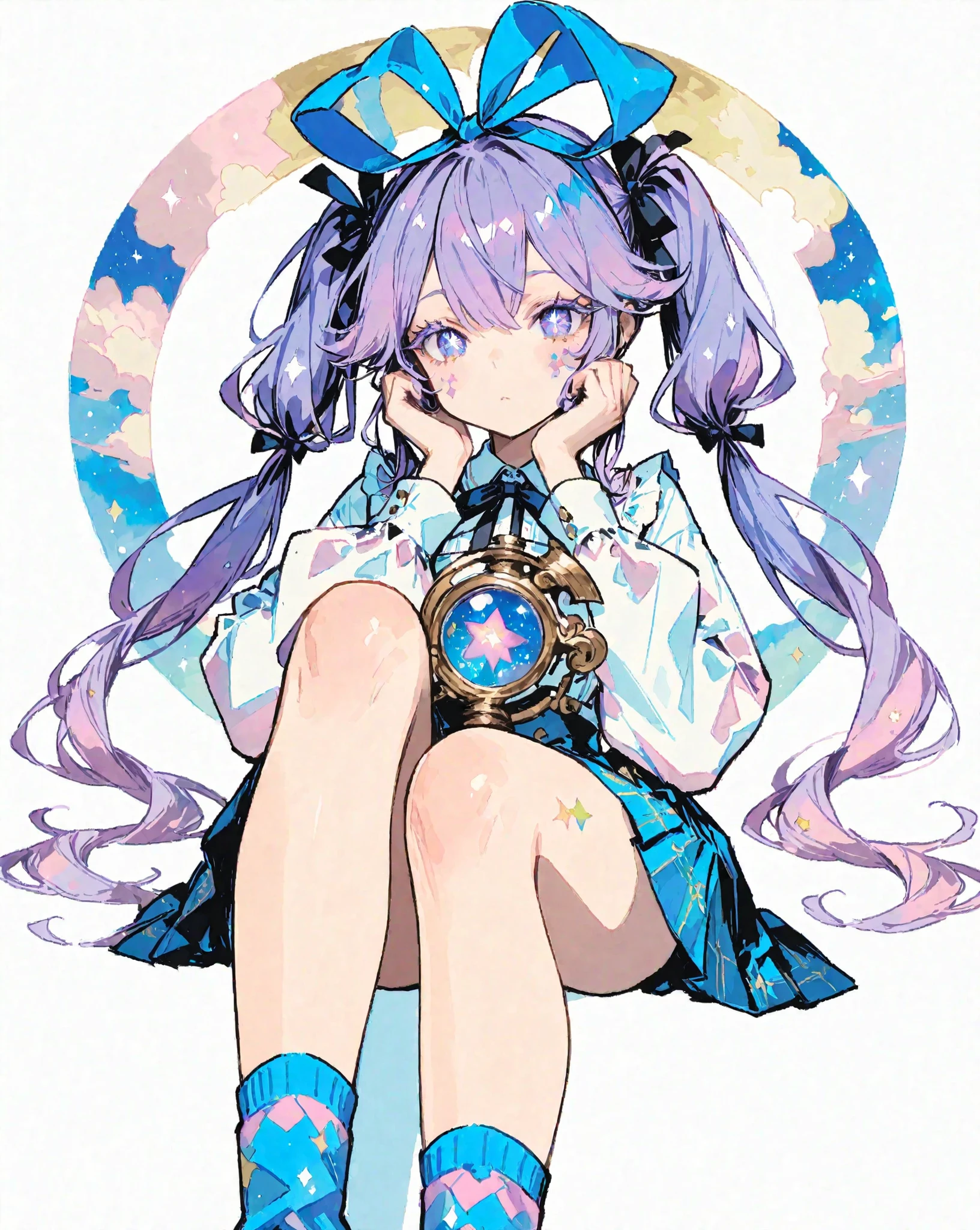 score_9, score_8_up, score_7_up, Minimalist, 1girl, Action Painting, Masterpiece, Vivid colors, Pastel colors, (1girl\ Nordic beauty, Beautiful woman, Ennui, Harajuku girl, "Blue colored contact lenses", Colored eyelashes, Twin tails, Purple hair, "Big ribbon on head", "Alice in Wonderland vibe", Beautiful hands, Neon socks, "Stars in her eyes", Long eyelashes\), (Please create an illustration of a girl dressed in Harajuku fashion), (Please create a girl with an Alice-like atmosphere in a land), (She has big eyes and long eyelashes), (A girl who seems to be able to use magic), Delicate depiction, Flawless depiction, (Detailed depiction of skin texture), (Detailed texture:2.9), (Contemporary:0.4), (Fantasy:1.3), Zest, Very good composition, UHD, 8k, Pixiv quality, Japanese Illustration