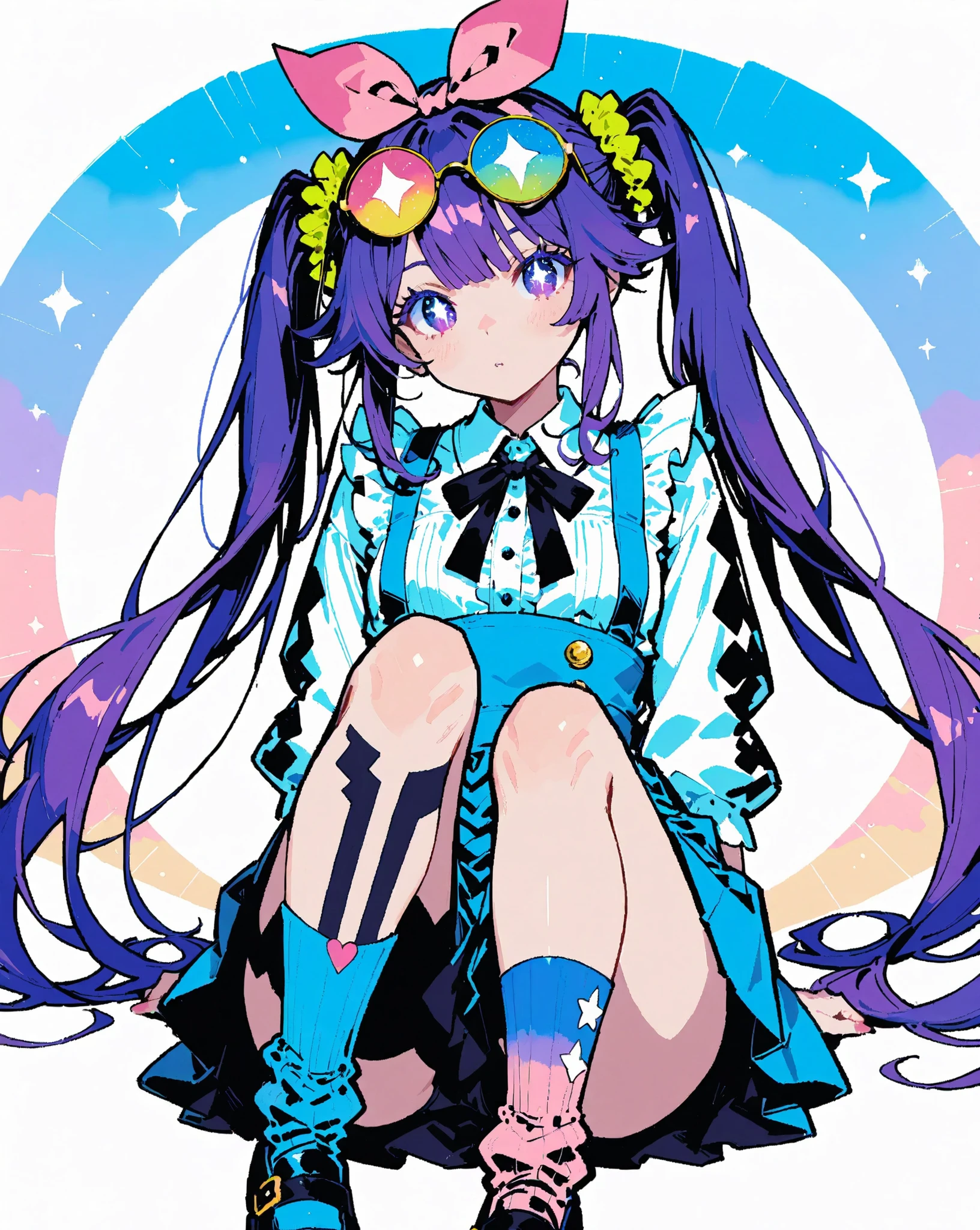 score_9, score_8_up, score_7_up, Minimalist, 1girl, Action Painting, Masterpiece, Vivid colors, Pastel colors, (1girl\ Nordic beauty, Beautiful woman, Ennui, Harajuku girl, "Blue colored contact lenses", Colored eyelashes, Twin tails, Purple hair, "Big ribbon on head", "Alice in Wonderland vibe", Beautiful hands, Neon socks, "Stars in her eyes", Long eyelashes\), (Please create an illustration of a girl dressed in Harajuku fashion), (Please create a girl with an Alice-like atmosphere in a land), (She has big eyes and long eyelashes), (A girl who seems to be able to use magic), Delicate depiction, Flawless depiction, (Detailed depiction of skin texture), (Detailed texture:2.9), (Contemporary:0.4), (Fantasy:1.3), Zest, Very good composition, UHD, 8k, Pixiv quality, Japanese Illustration