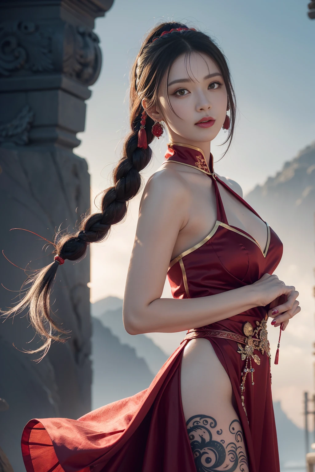 One person, One personで, Long Hair, Pink Eyes, Brown Hair, Long Hair, High resolution, masterpiece, Highest quality, High resolutionモデル, bangs, Large Breasts, Large Breasts, Large Breasts, smile, Asia,Obscene costumes,Butt,Butt突き出し,Ao Dai,Chubby,