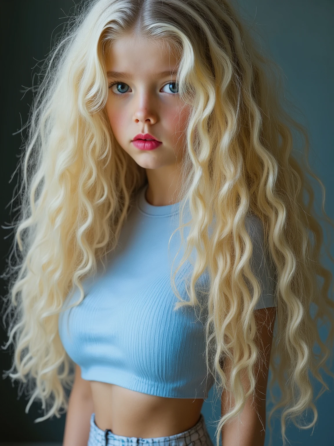 (catholic school uniform:2.0),(Best quality, 8k, Masterpiece, full length photo, deep DOF :1.5), intrciate background, detailed background, (realistic, photorealistic:1.3), 1girl, super young, toddler, (catholic school girl:1.5), stunningly beautiful face, huge round blue eyes, with round symmetric blue irises, , long thick messy wild flowing swirling blonde hair, blonde blonde so blonde, (slender fit perfect body :1.2), (highly detailed face:1.2), detailed eyes, a stunningly beautiful blonde toddler, (male fantasy taboo toddler with extremely huge round symmetric 32ZZZ silicone (Chesty Morgan) breasts:1.3), (hyper huge breasts:1.3), (extremely tall), (extremely skinny:1.5), anorexic, lean, fit, beautiful face, detailed face, huge round light blue eyes, pale skin, (bare muscled abdomen:1.3), long waist, long legs, male gaze, daddy's little cum slut, intensely erotic image,extremely huge gigantic round cantilevered 32DDD breasts, huge long deep round overflowing cleavage, dark, backlit, deep shadows, David Hamilton , Russell James , Amber Asaly , Sony Alpha 7 IV camera , 85mm lens , 32K UHD , ultra high resolution digital image , (smooth digital image) , highly detailed,