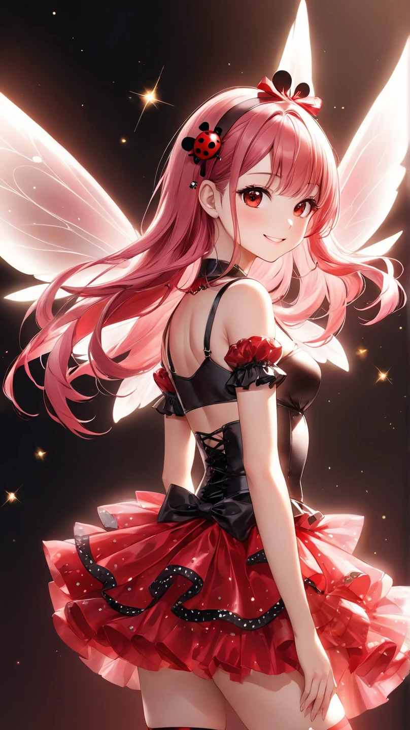 1girl, solo, long hair, breasts, looking at viewer, smile, bangs, red eyes, dress, holding, bare shoulders, jewelry, collarbone, braid, flower, red hair, earrings, small breasts, outdoors, parted lips, wings, nail polish, bare arms, petals, strapless, makeup, rose, red dress, red flower, strapless dress, red nails, red rose, fairy wings, holding flower